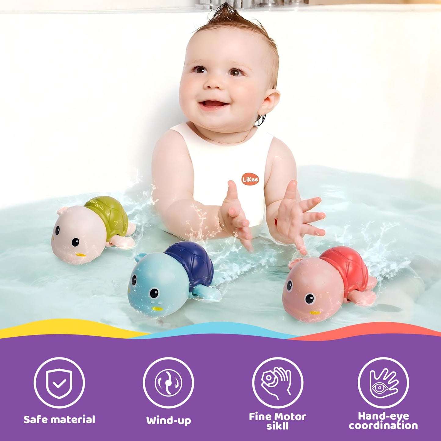 LiKee Bath Toys 3 Pack with 3 Colors | Colorful Turtle Wind-Up Bath Toys for Babies & Toddlers