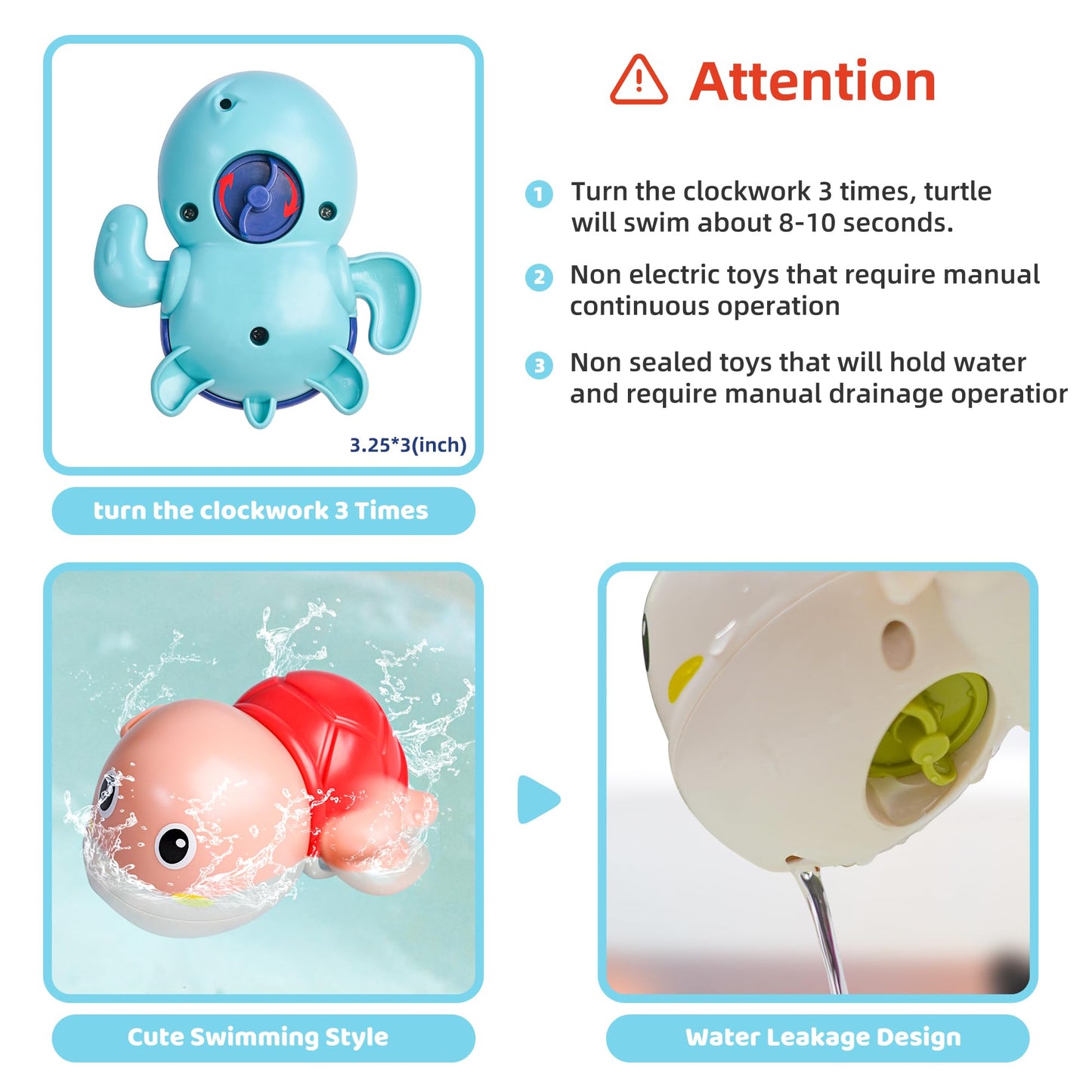 LiKee Bath Toys 3 Pack with 3 Colors | Colorful Turtle Wind-Up Bath Toys for Babies & Toddlers
