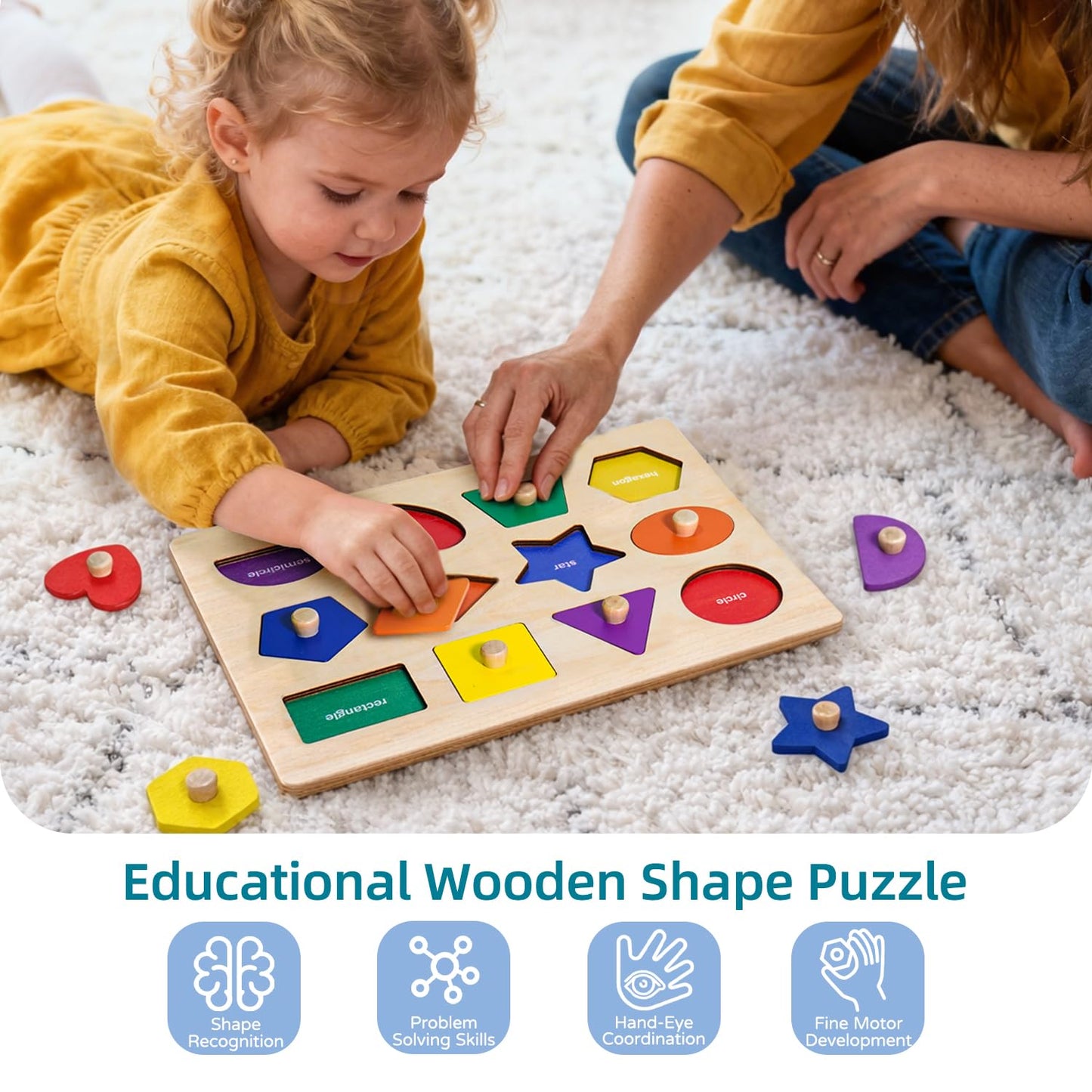 LiKee Wooden Shape Peg Puzzle Board – Educational Geometric Learning with Knobs