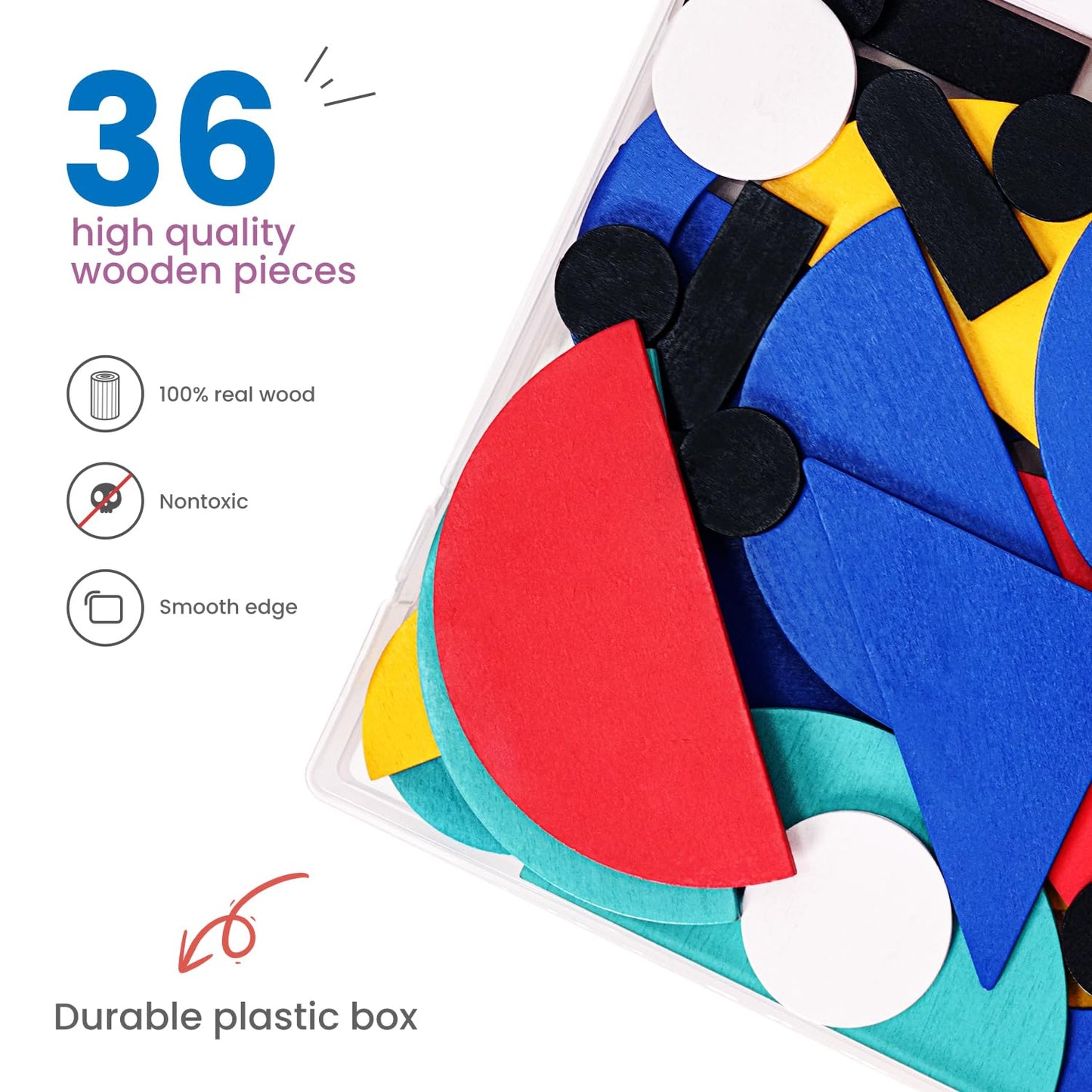 LiKee Open Ended Wooden Shape Puzzle — 36 Blocks & 60 Cards for Toddlers 3+