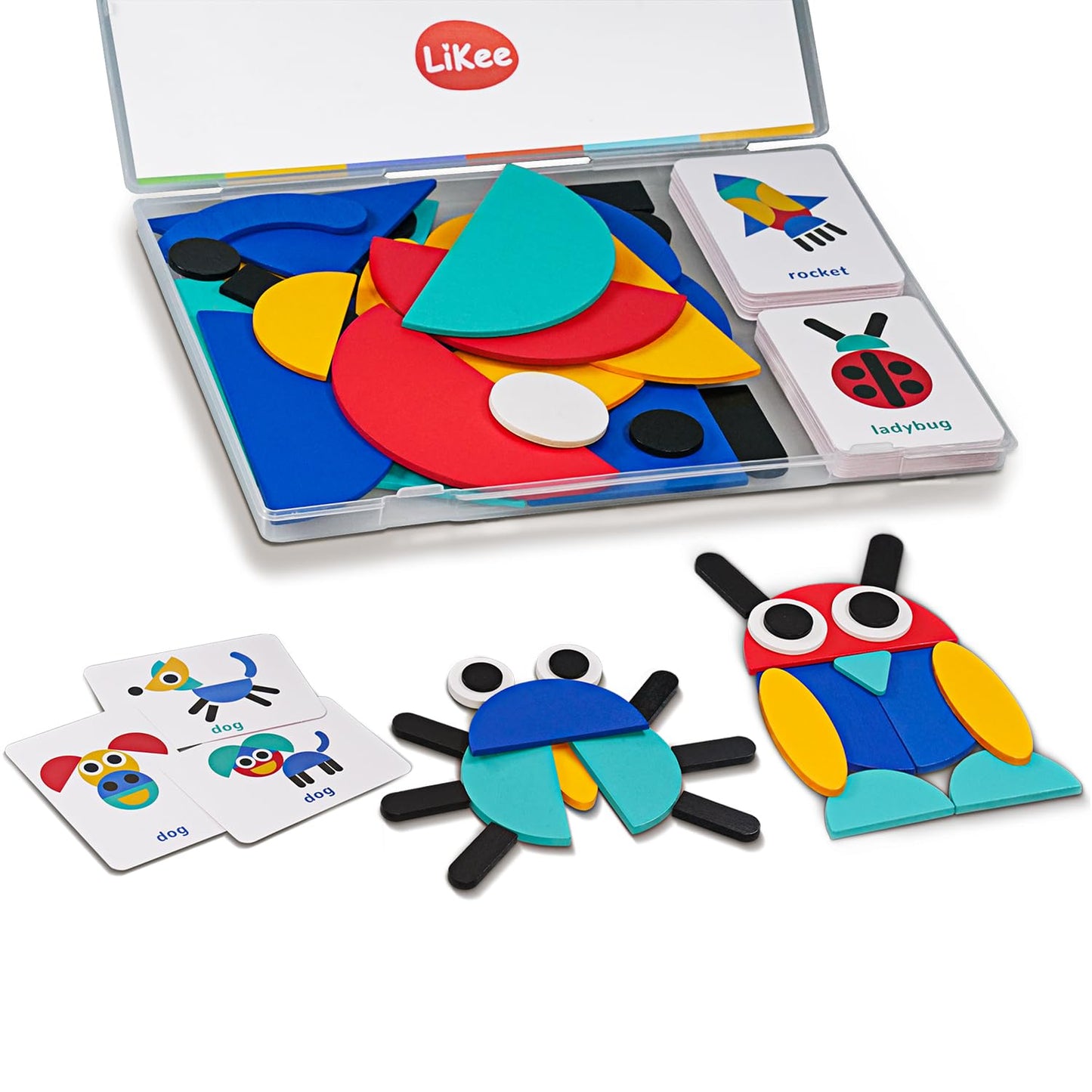 LiKee Open Ended Wooden Shape Puzzle — 36 Blocks & 60 Cards for Toddlers 3+