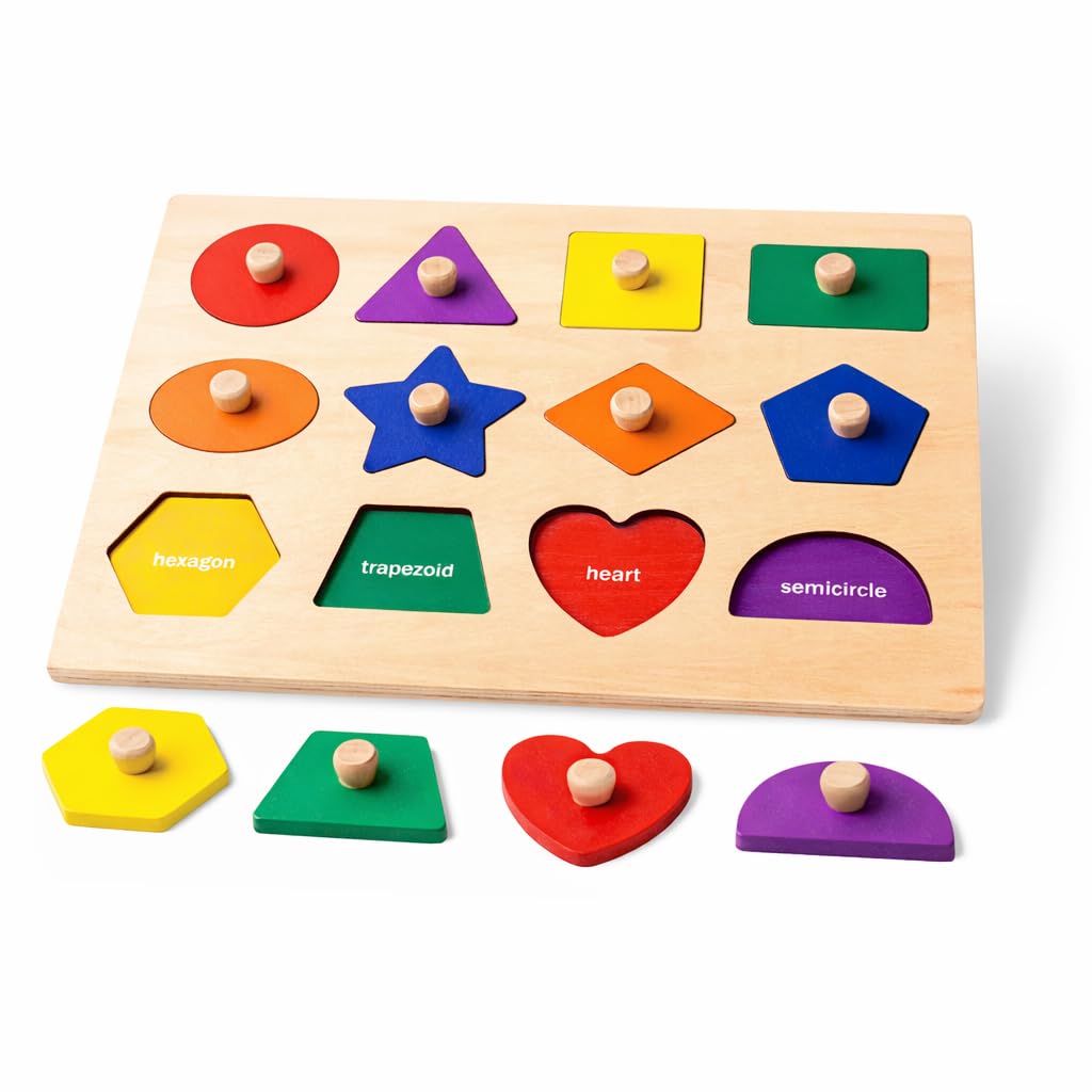 LiKee Wooden Shape Peg Puzzle Board – Educational Geometric Learning with Knobs