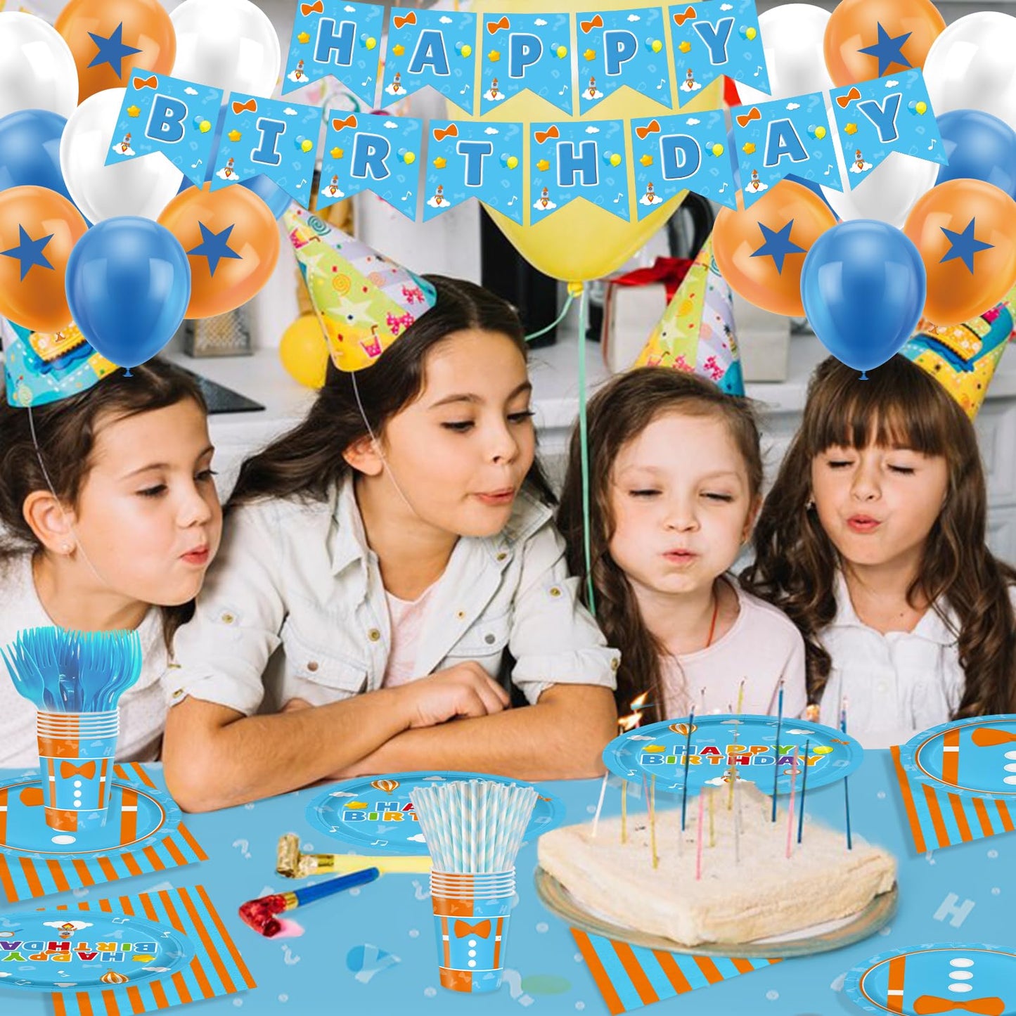Likuyve 170pcs Cartoon Teacher Party Supplies – 24 Guests, Blue and Orange
