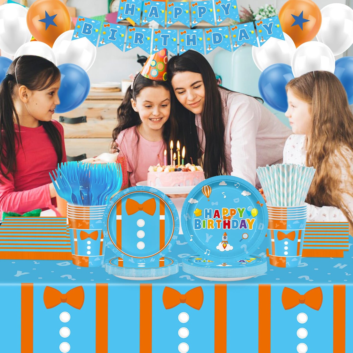 Likuyve 170pcs Cartoon Teacher Party Supplies – 24 Guests, Blue and Orange