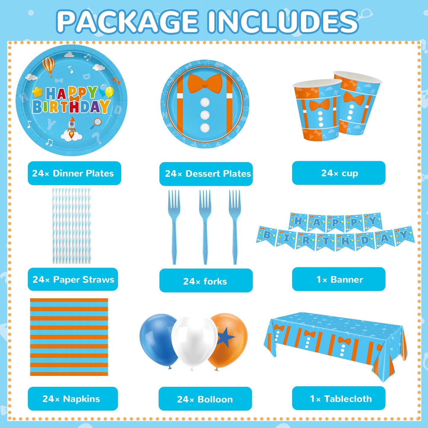 Likuyve 170pcs Cartoon Teacher Party Supplies – 24 Guests, Blue and Orange