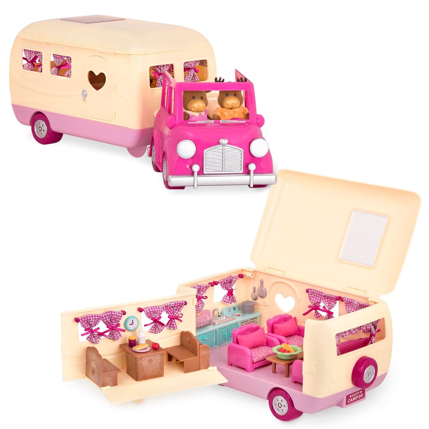 Li'l Woodzeez Happy Camper Pink – 40-Piece Dollhouse Playset with Detachable Vehicle, Furniture & Kitchen Accessories