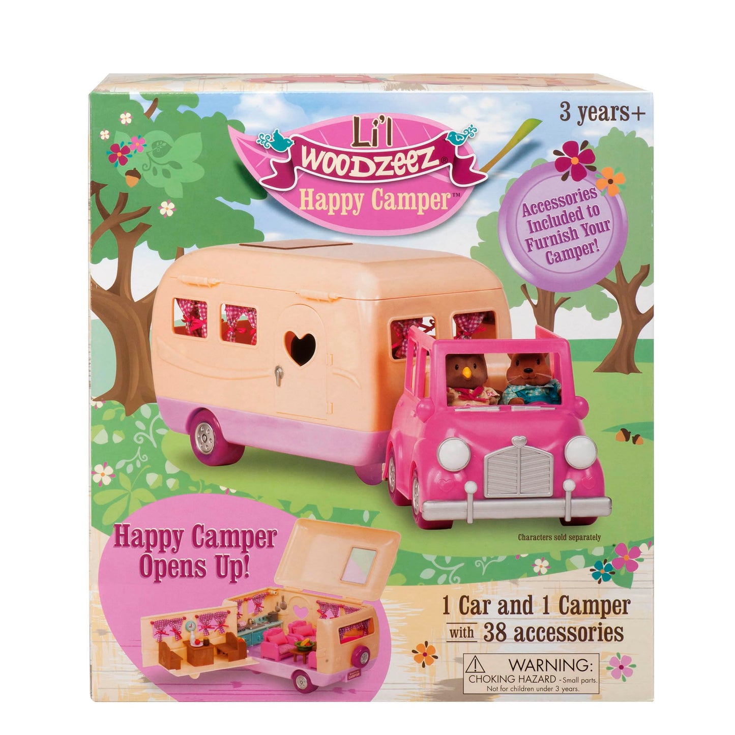 Li'l Woodzeez Happy Camper Pink – 40-Piece Dollhouse Playset with Detachable Vehicle, Furniture & Kitchen Accessories