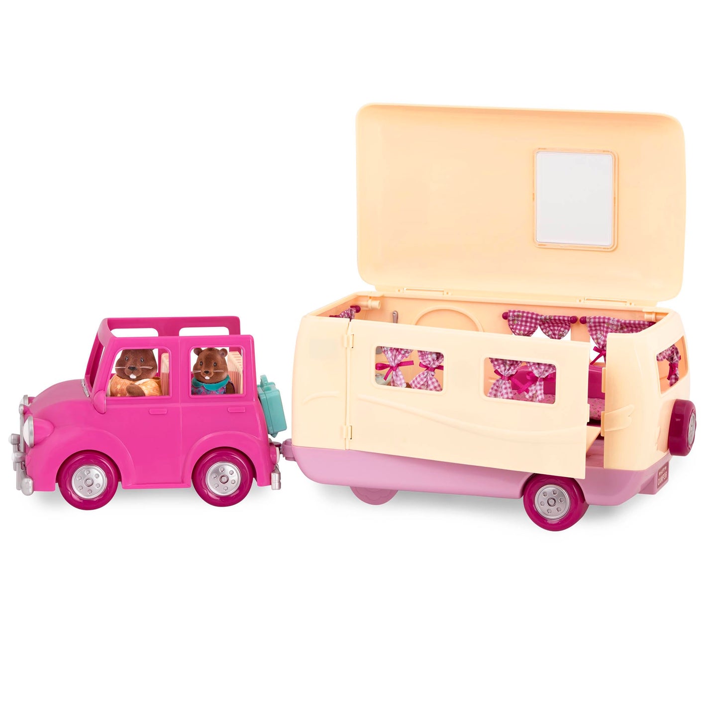 Li'l Woodzeez Happy Camper Pink – 40-Piece Dollhouse Playset with Detachable Vehicle, Furniture & Kitchen Accessories