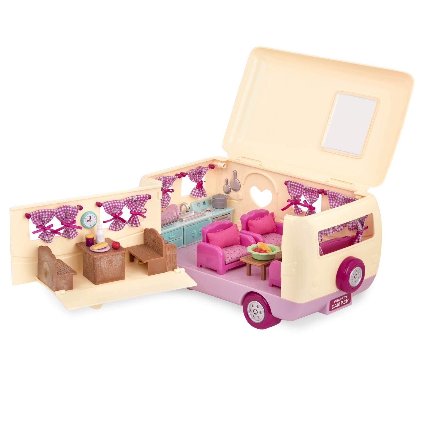 Li'l Woodzeez Happy Camper Pink – 40-Piece Dollhouse Playset with Detachable Vehicle, Furniture & Kitchen Accessories