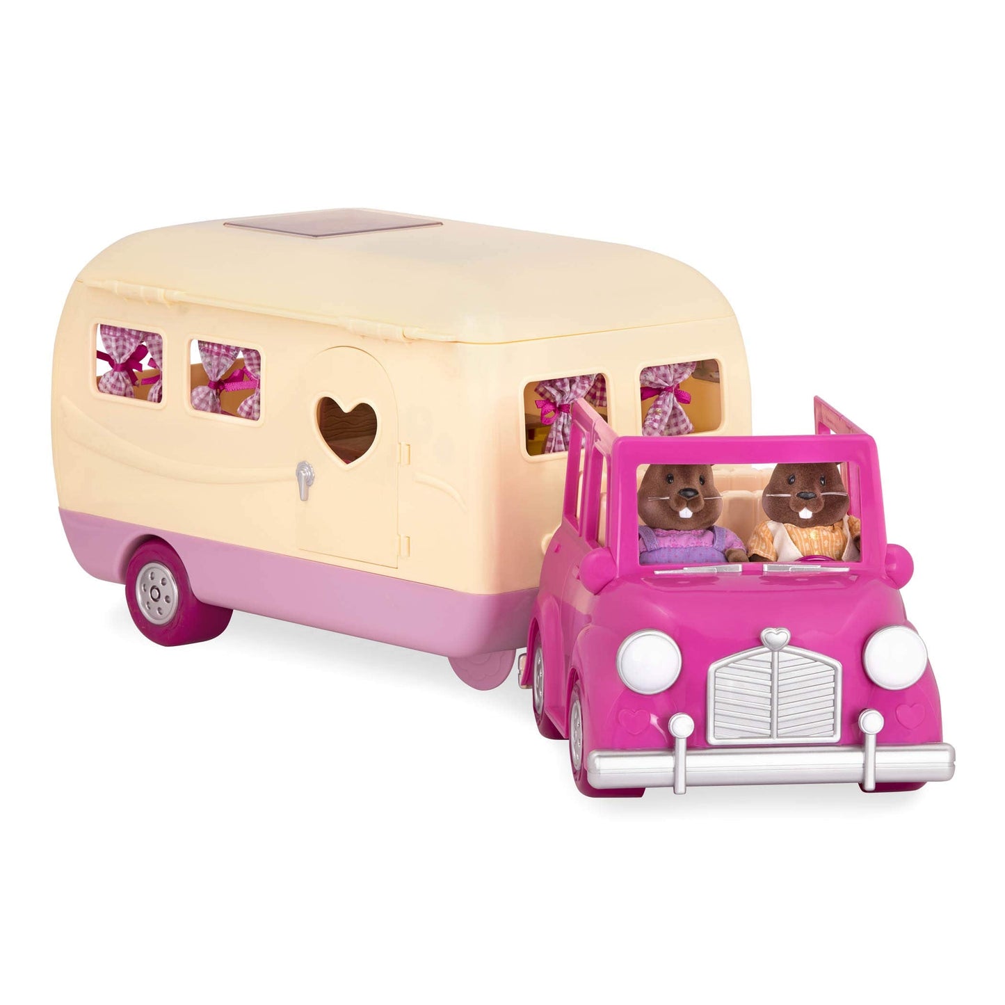 Li'l Woodzeez Happy Camper Pink – 40-Piece Dollhouse Playset with Detachable Vehicle, Furniture & Kitchen Accessories
