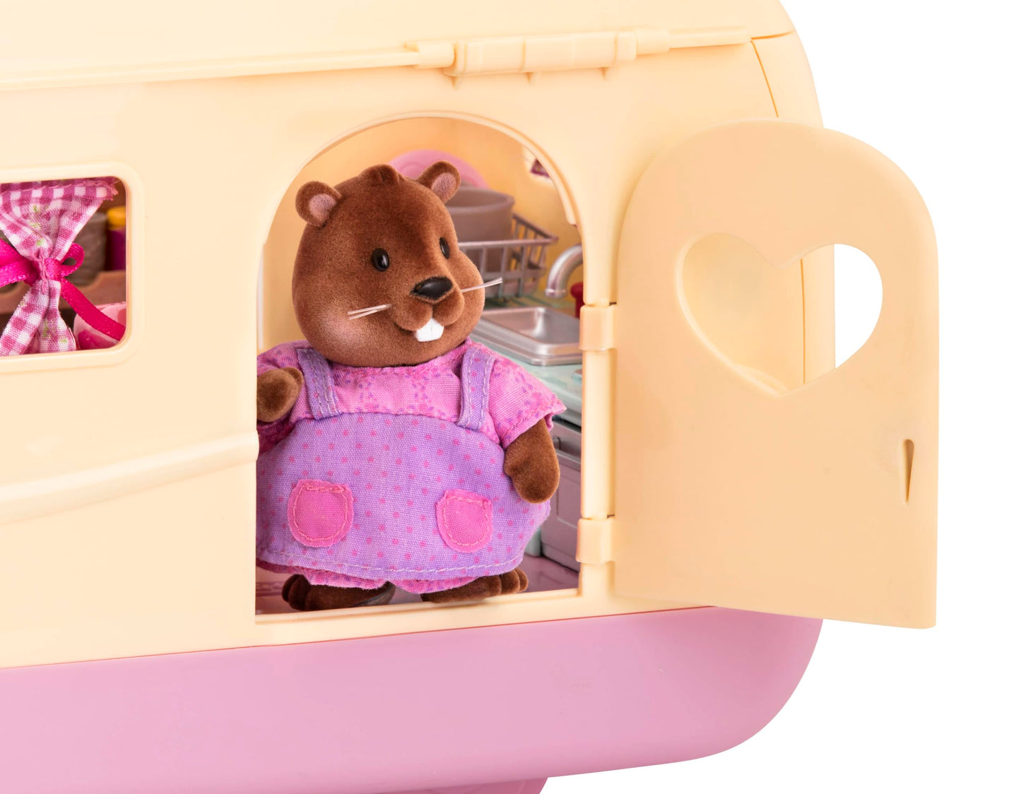Li'l Woodzeez Happy Camper Pink – 40-Piece Dollhouse Playset with Detachable Vehicle, Furniture & Kitchen Accessories