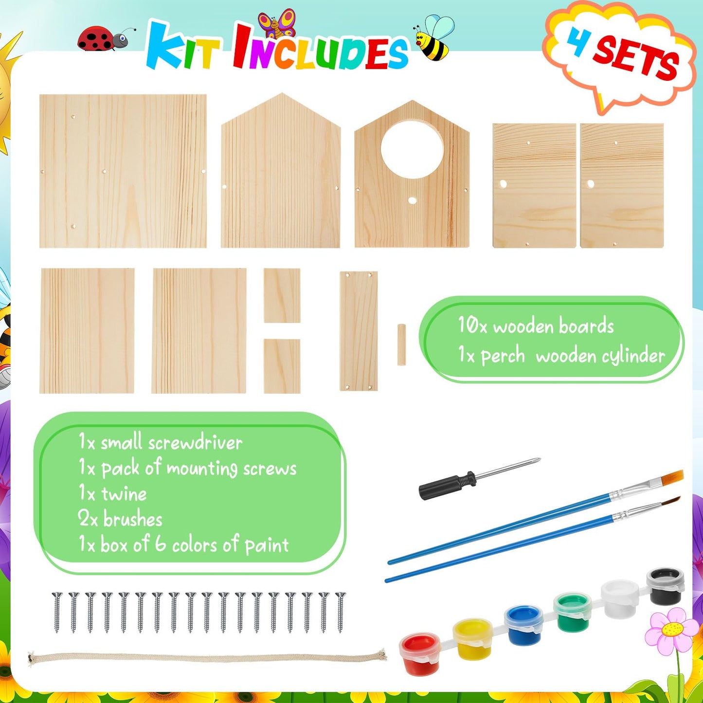 Liliful 4 Pack Birdhouse Kit – DIY Wooden Bird Houses with Paint & Brushes | Indoor & Outdoor Craft