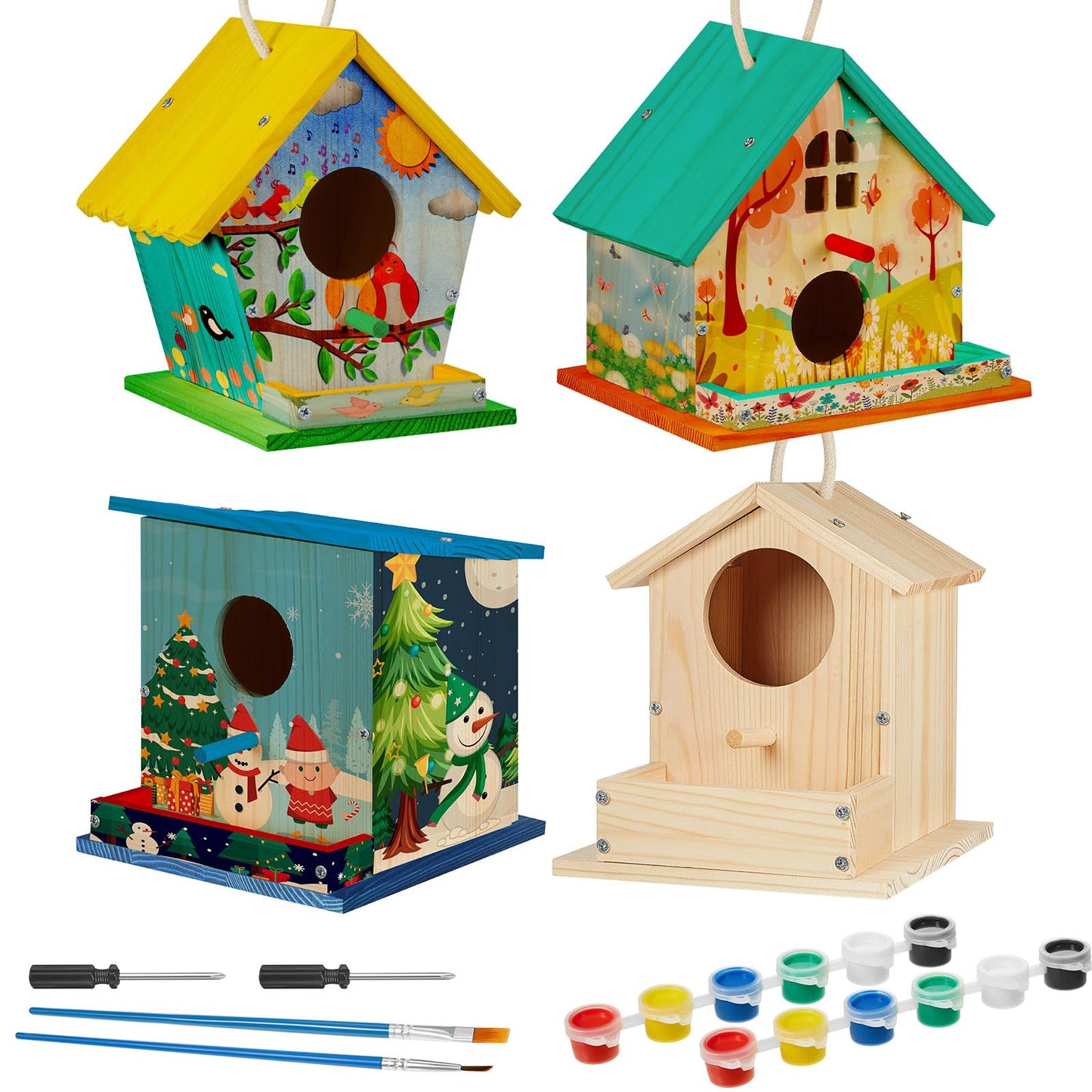 Liliful 8 Pack Birdhouse Kit – Classic DIY Wooden Birdhouses with Paint, Brushes & Tools