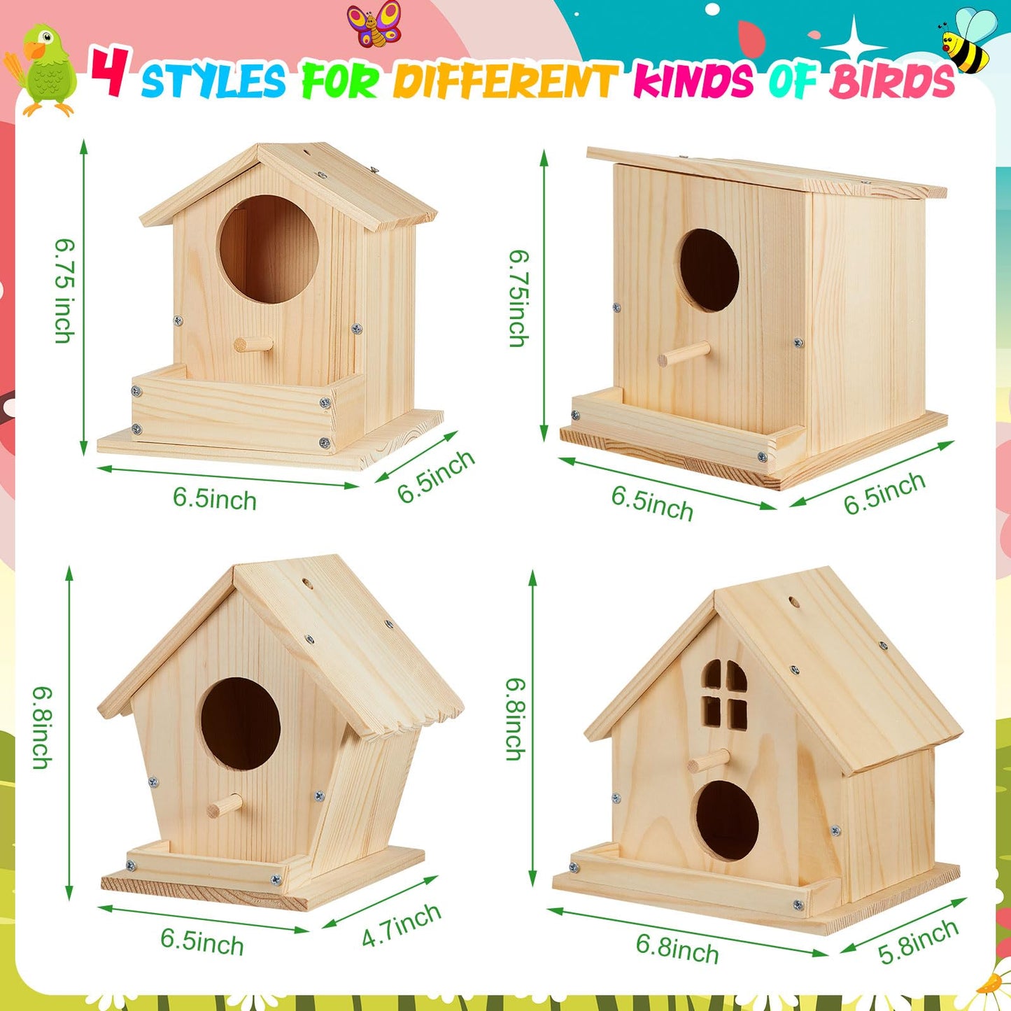 Liliful 4 Pack Birdhouse Kit – DIY Wooden Bird Houses with Paint & Brushes | Indoor & Outdoor Craft
