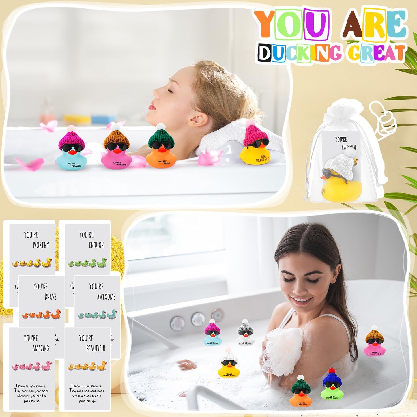 Liliful 60-Set Valentines Day Rubber Ducks Bulk with Hats & Glasses – You’re Awesome Card