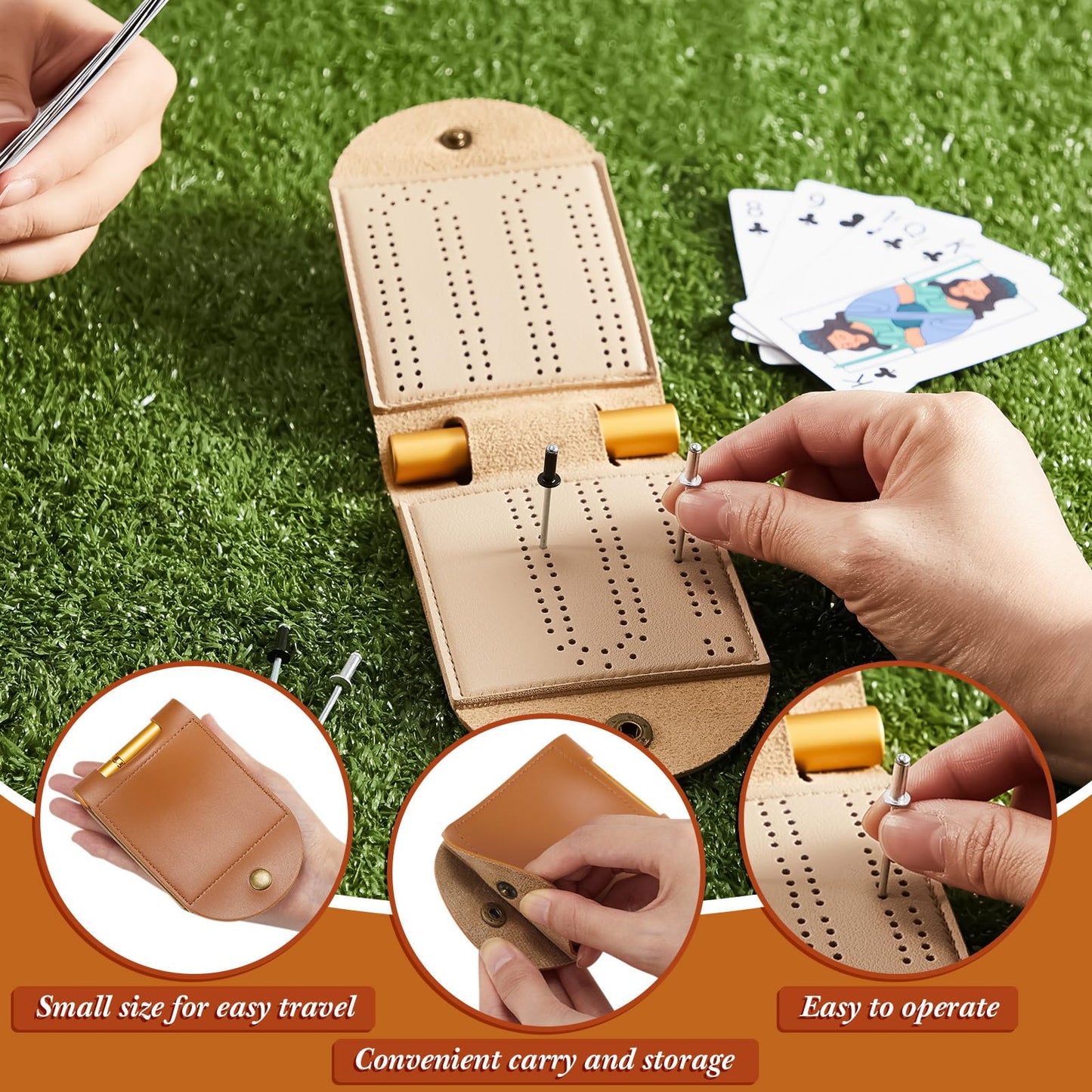 Liliful 2 Pack Travel Cribbage Board Sets – Portable Leather Mini Boards with 4 Metal Pegs