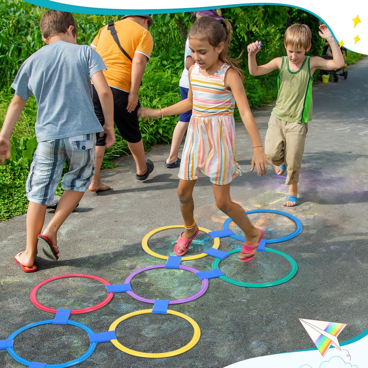 Liliful 3 Set Hopscotch Ring Game — 30 Pcs, 45 Connectors & 3 Storage Bags, Multicolor Outdoor Obstacle Course