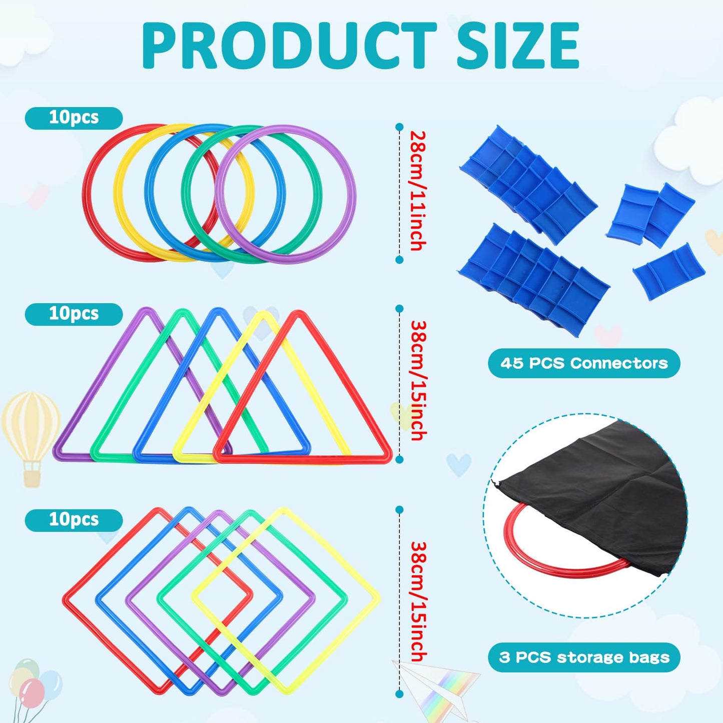 Liliful 3 Set Hopscotch Ring Game — 30 Pcs, 45 Connectors & 3 Storage Bags, Multicolor Outdoor Obstacle Course
