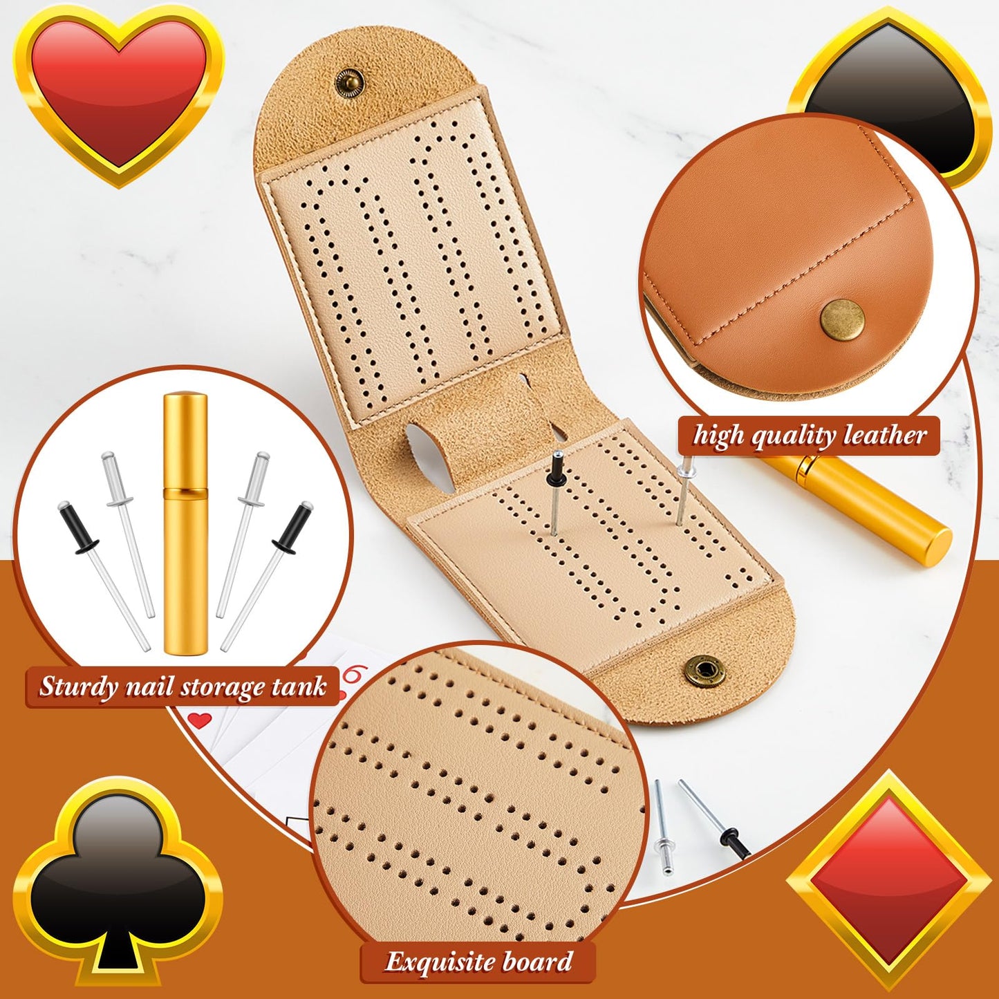 Liliful 2 Pack Travel Cribbage Board Sets – Portable Leather Mini Boards with 4 Metal Pegs