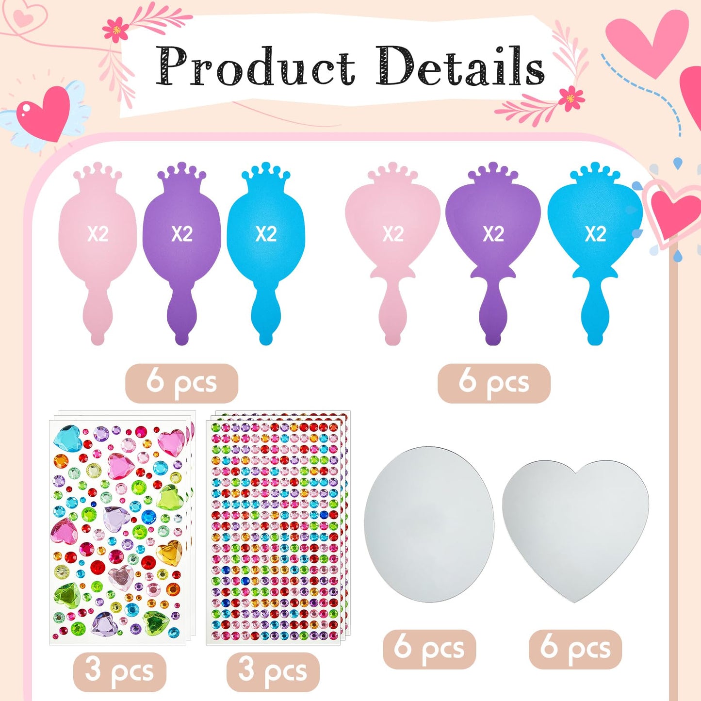 Liliful 12 Pack Princess Foam Mirror Kits – DIY Decor for Girls' Parties, Unbreakable Craft Mirrors