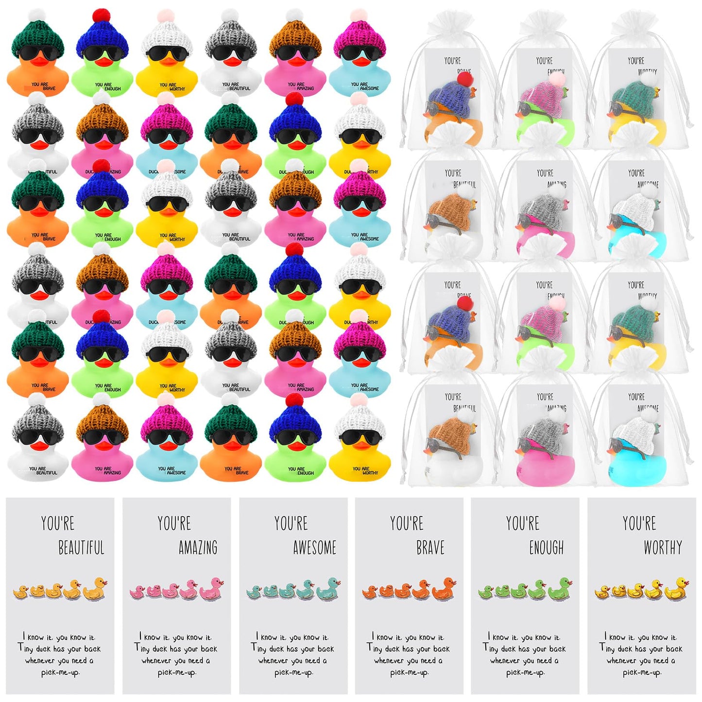 Liliful 60-Set Valentines Day Rubber Ducks Bulk with Hats & Glasses – You’re Awesome Card