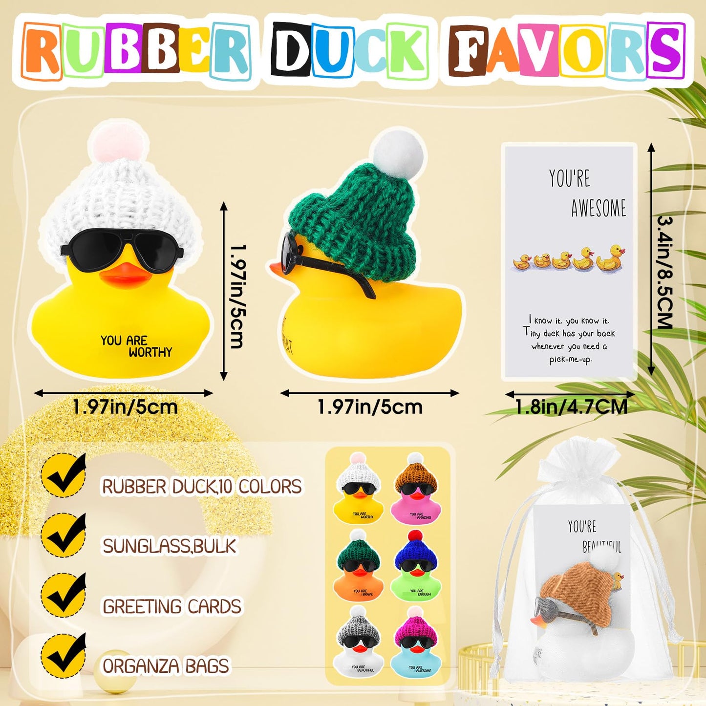 Liliful 60-Set Valentines Day Rubber Ducks Bulk with Hats & Glasses – You’re Awesome Card