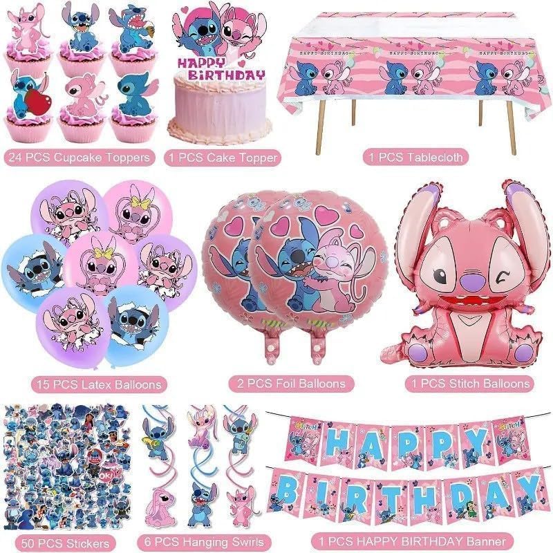 Lilo and Stitch 101PCS Pink Party Decorations Set — Banner, Balloons, Cake Topper