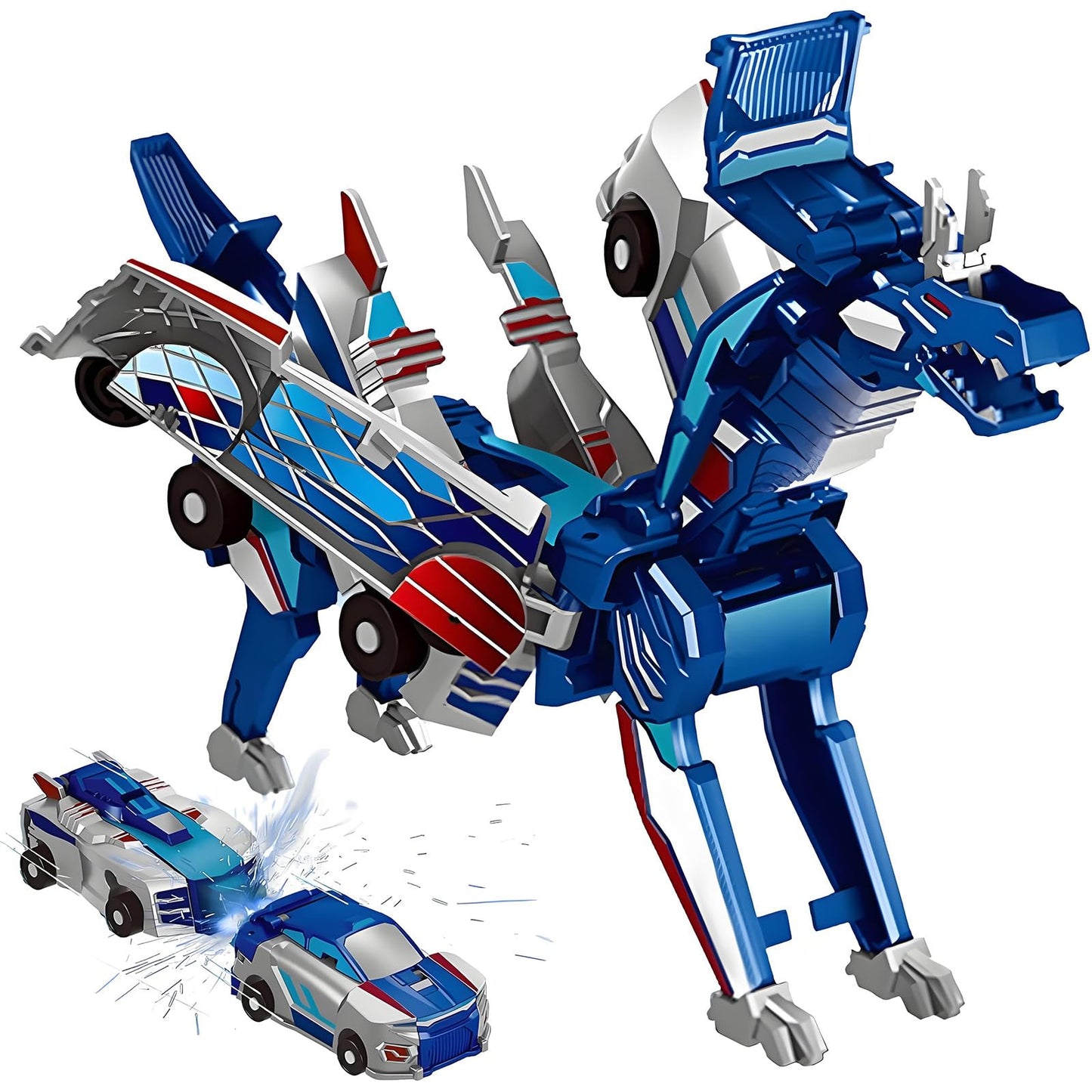 Liluwushe 2-in-1 Collision Transformation Dinosaur Car Toy | Magnetic Cars & Convertible Robot Toy for Kids 3-12 (Blue)
