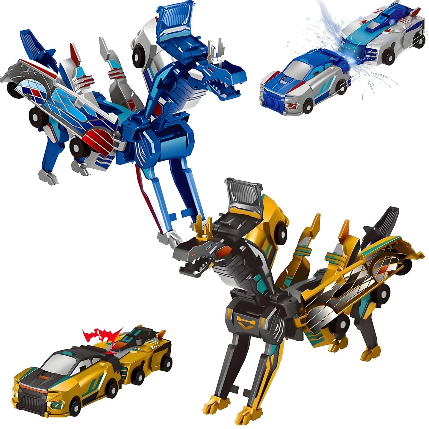 Liluwushe 2-in-1 Collision Transformation Dinosaur Car Toy - Magnetic Convertible Robot for Kids 3-12 (Golden Blue)