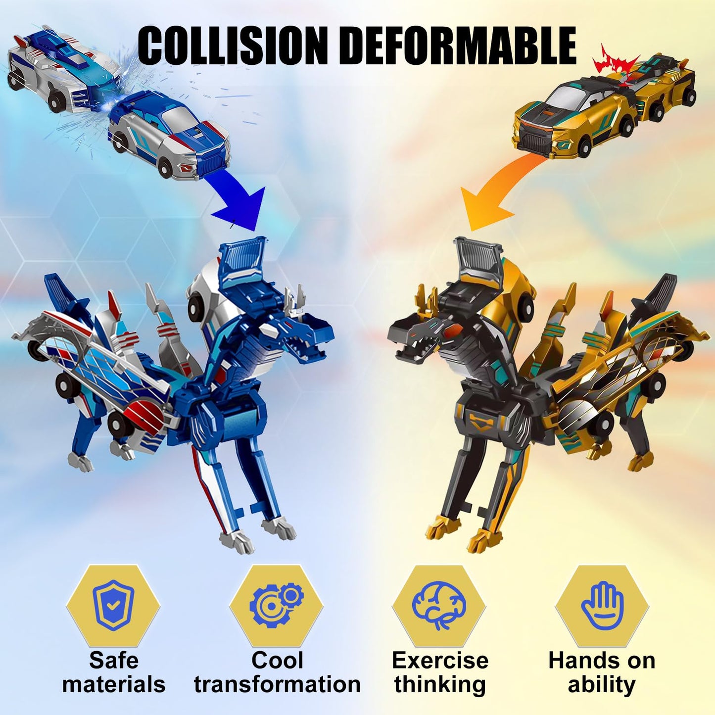Liluwushe 2-in-1 Collision Transformation Dinosaur Car Toy - Magnetic Convertible Robot for Kids 3-12 (Golden Blue)