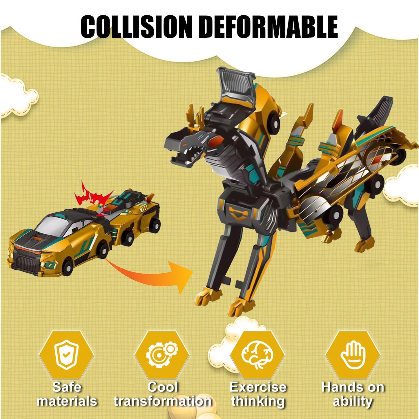 Liluwushe 2-in-1 Collision Transformation Dinosaur Car Toy | Magnetic Convertible Robot for Kids