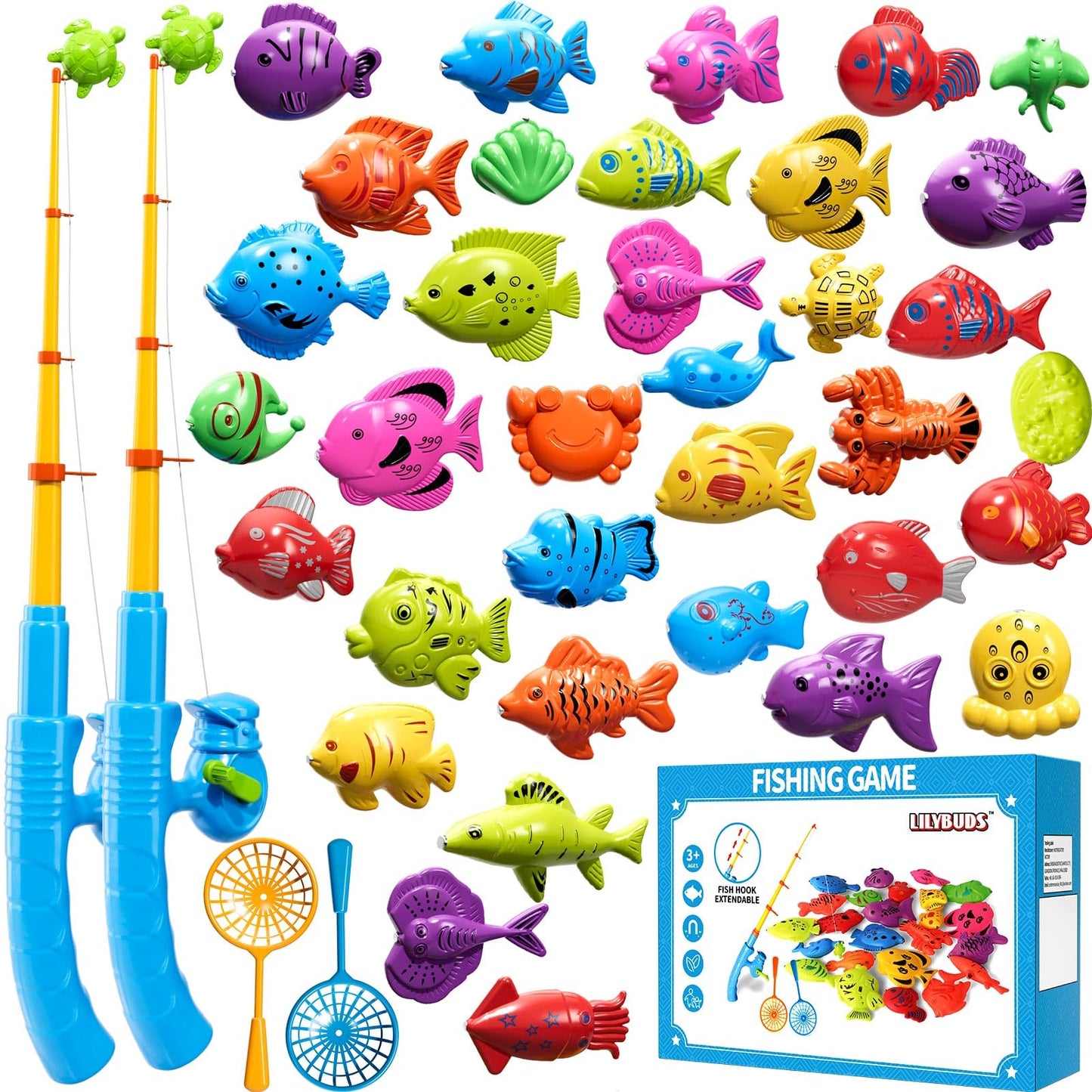 LILYBUDS Magnetic Fishing Game Toys for Kids – 35 Fish, Poles & Nets, Ages 3-8