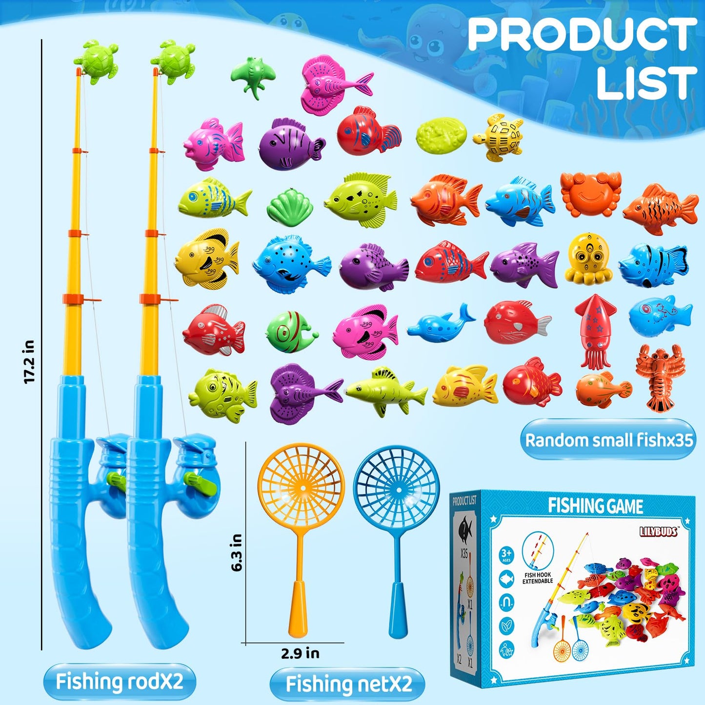 LILYBUDS Magnetic Fishing Game Toys for Kids – 35 Fish, Poles & Nets, Ages 3-8