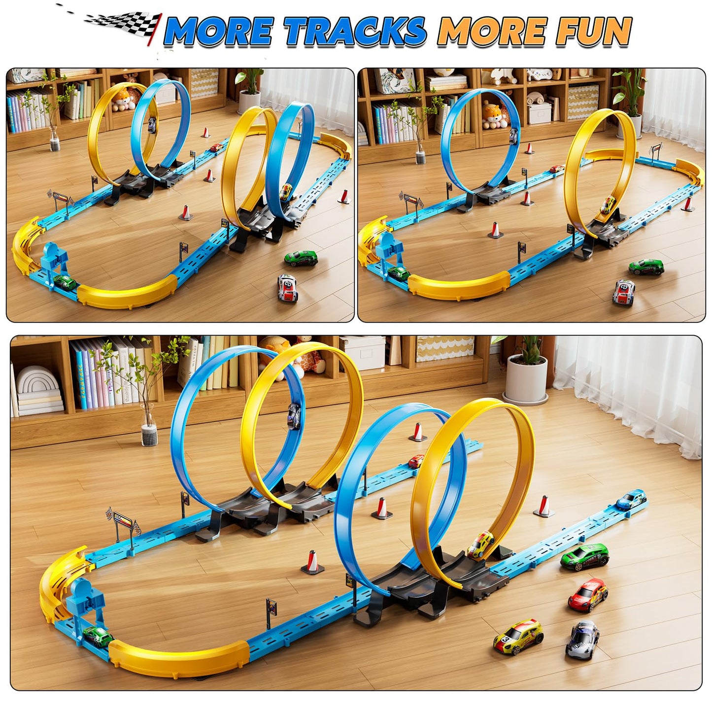LILYBUDS Toy Car Race Track Set – Long Track, 4 Crash Zones, 1:64 Scale Cars
