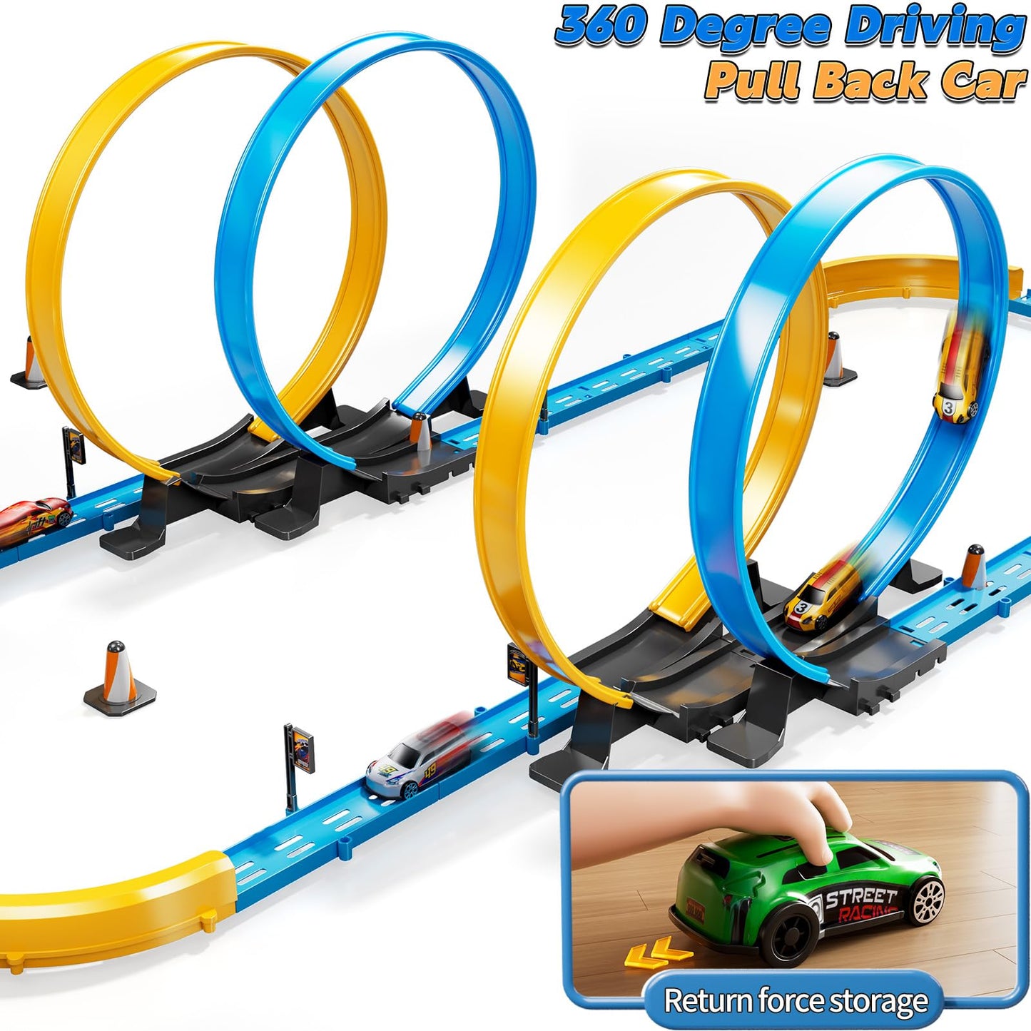 LILYBUDS Toy Car Race Track Set – Long Track, 4 Crash Zones, 1:64 Scale Cars