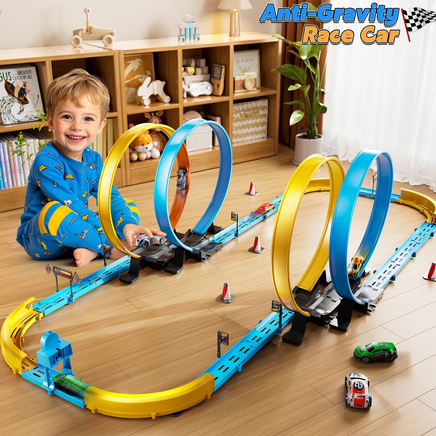 LILYBUDS Toy Car Race Track Set – Long Track, 4 Crash Zones, 1:64 Scale Cars
