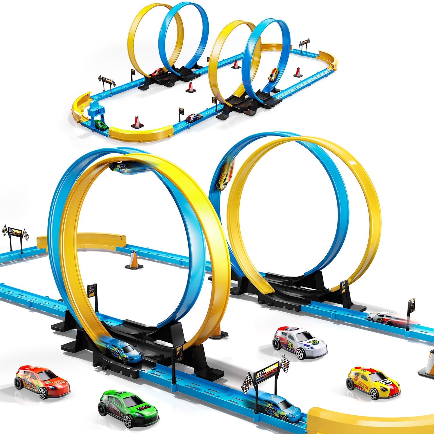 LILYBUDS Toy Car Race Track Set – Long Track, 4 Crash Zones, 1:64 Scale Cars