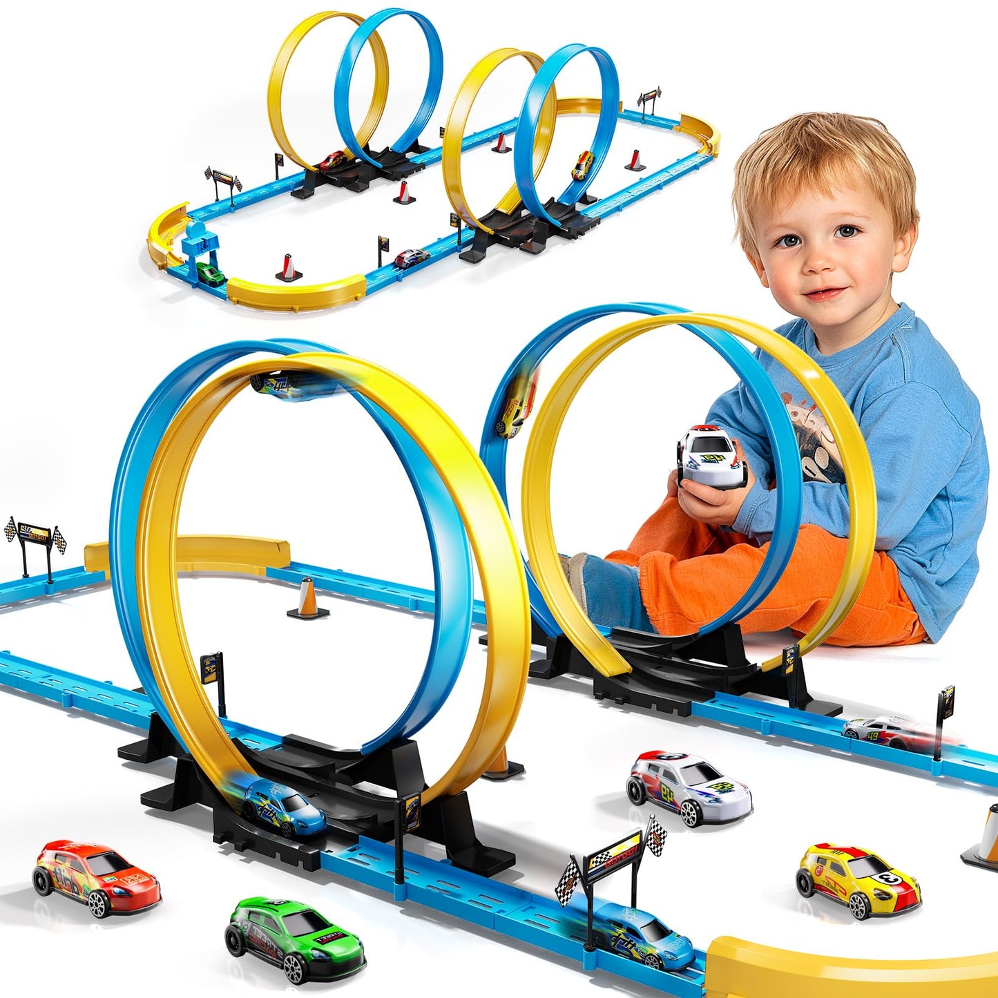 LILYBUDS Toy Car Race Track Set – Long Track, 4 Crash Zones, 1:64 Scale Cars