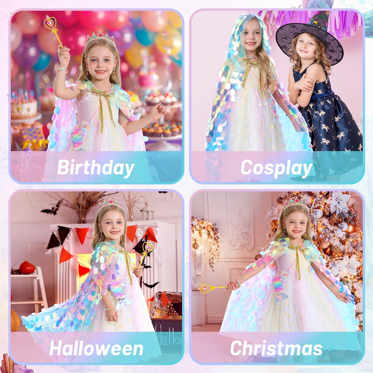 LIMIROLER Princess Dress Up Kit – Rainbow Mermaid Cape 9-Piece Gift Set for Girls 3-8