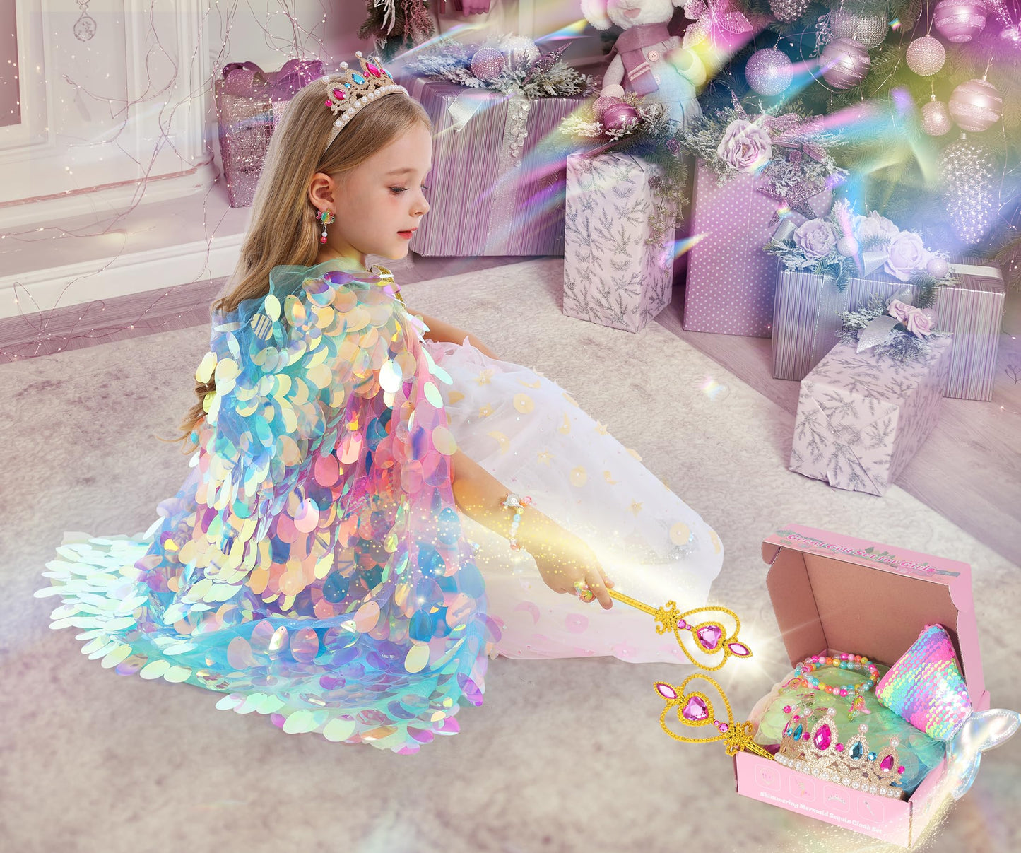 LIMIROLER Princess Dress Up Kit – Rainbow Mermaid Cape 9-Piece Gift Set for Girls 3-8