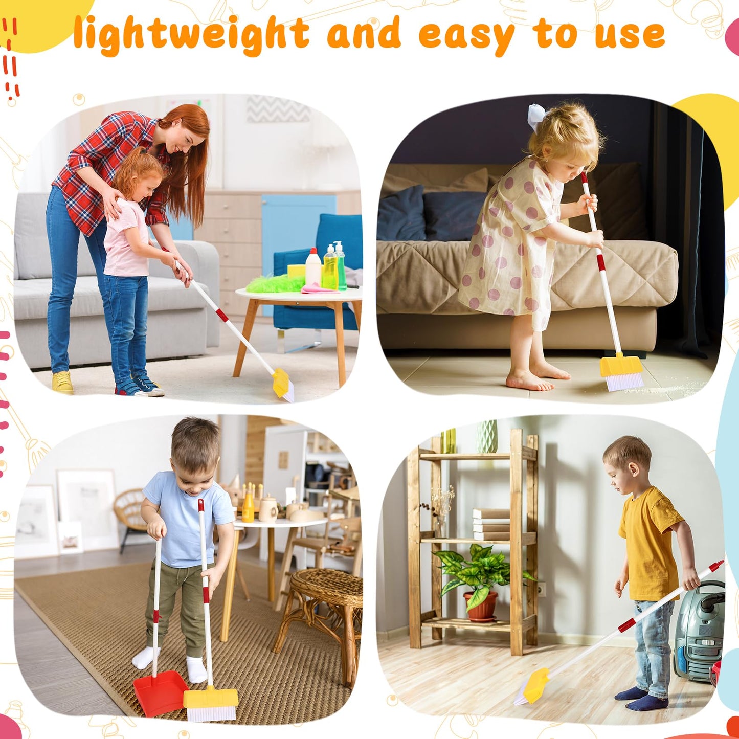 LIMIROLER Kids Cleaning Broom & Dustpan Set — Safe, Lightweight Pretend Play Toy (Ages 3–6)
