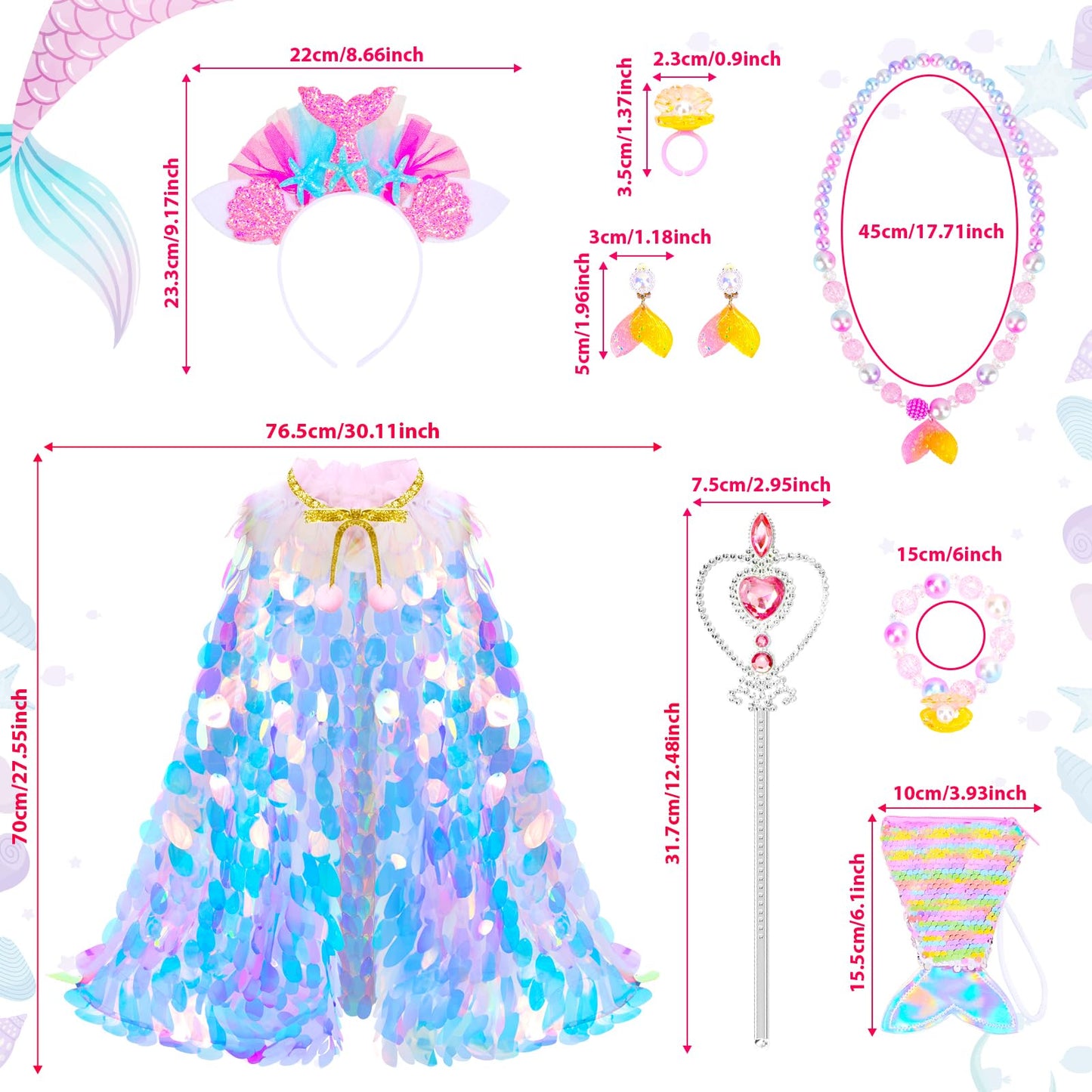 LIMIROLER Rainbow Mermaid Princess Dress Up Kit – 9-Piece Gift Set for Girls 3-8