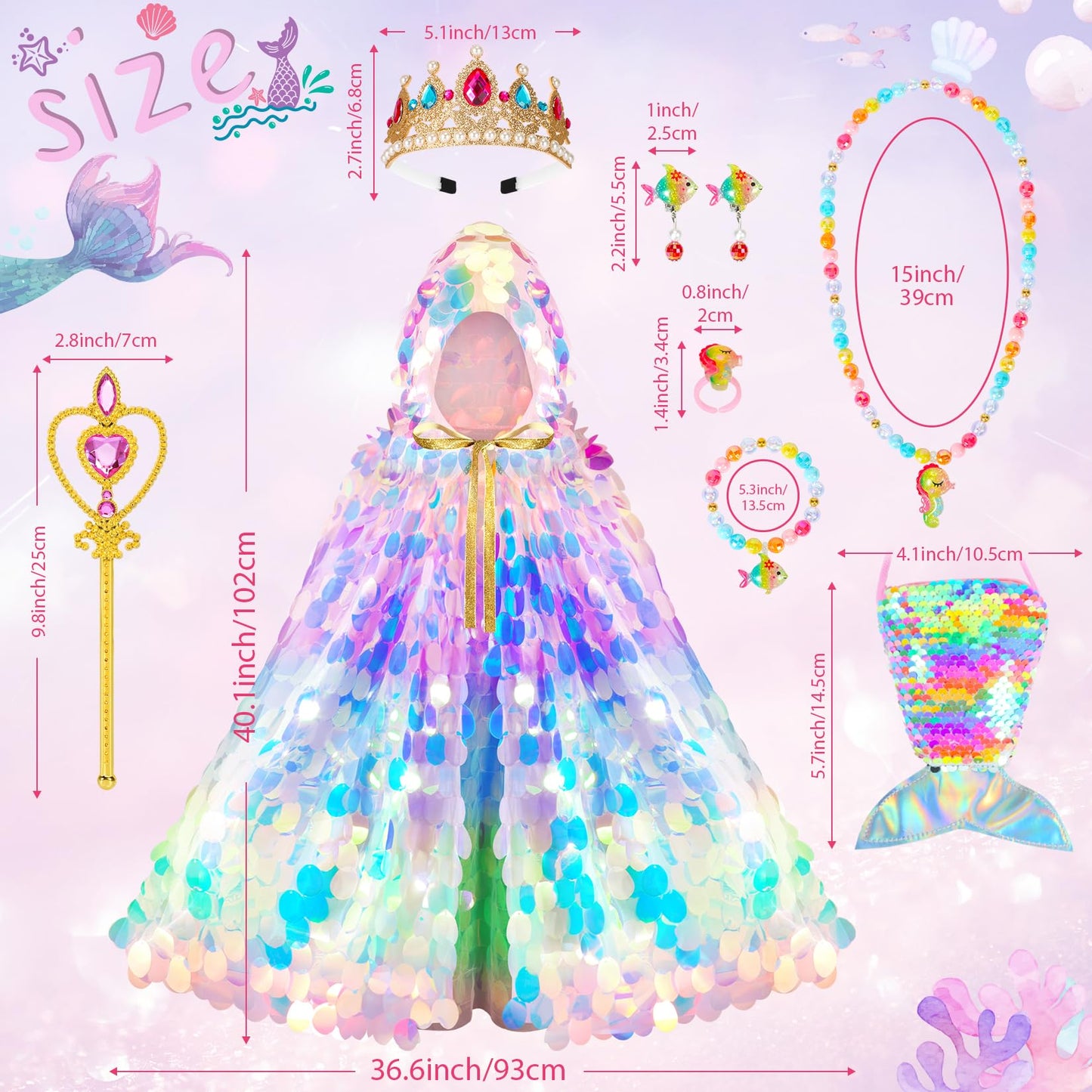 LIMIROLER Princess Dress Up Kit – Rainbow Mermaid Cape 9-Piece Gift Set for Girls 3-8