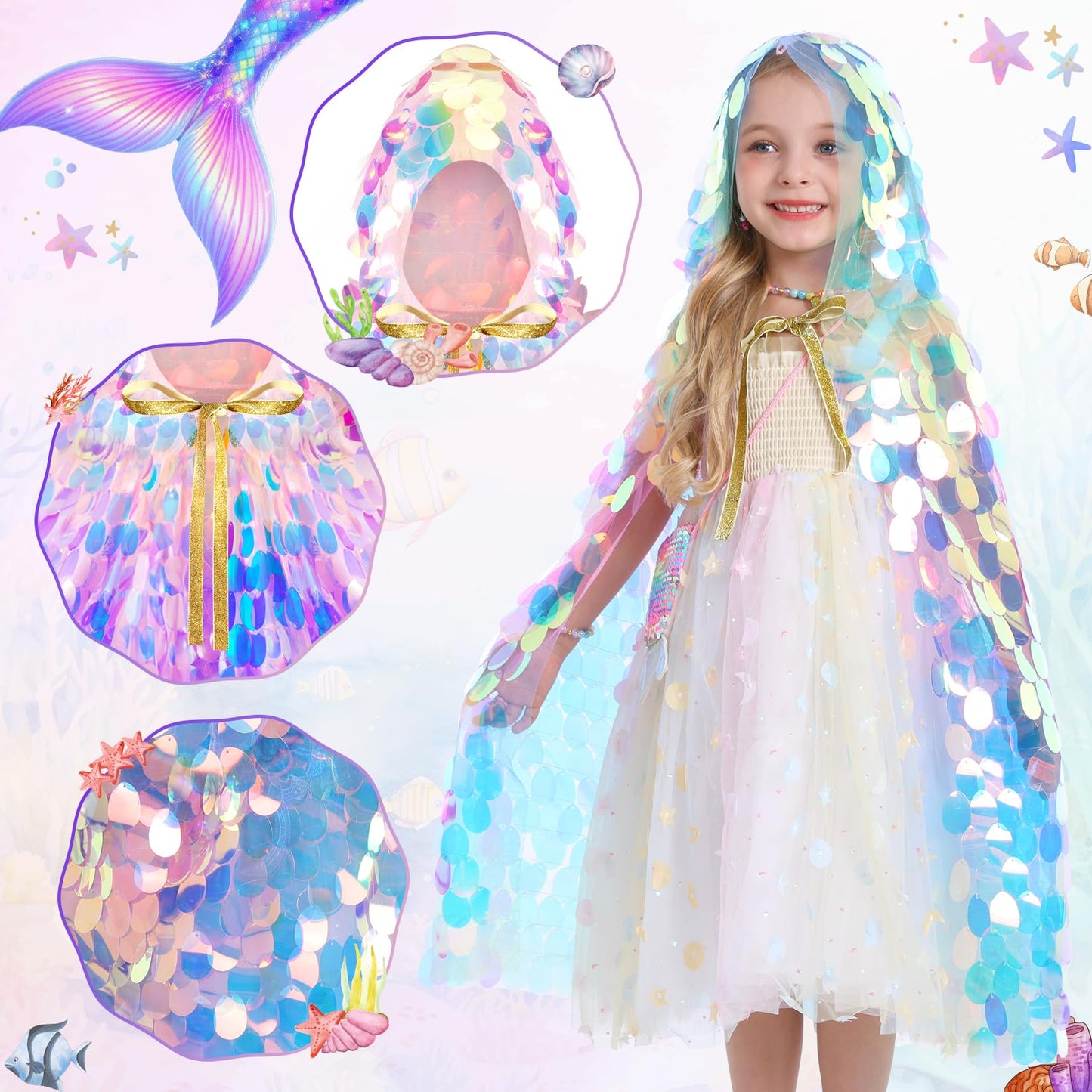 LIMIROLER Princess Dress Up Kit – Rainbow Mermaid Cape 9-Piece Gift Set for Girls 3-8