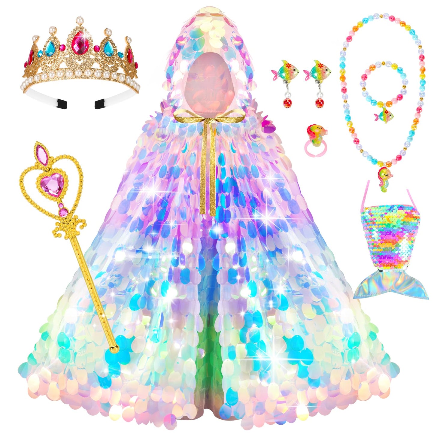 LIMIROLER Princess Dress Up Kit – Rainbow Mermaid Cape 9-Piece Gift Set for Girls 3-8