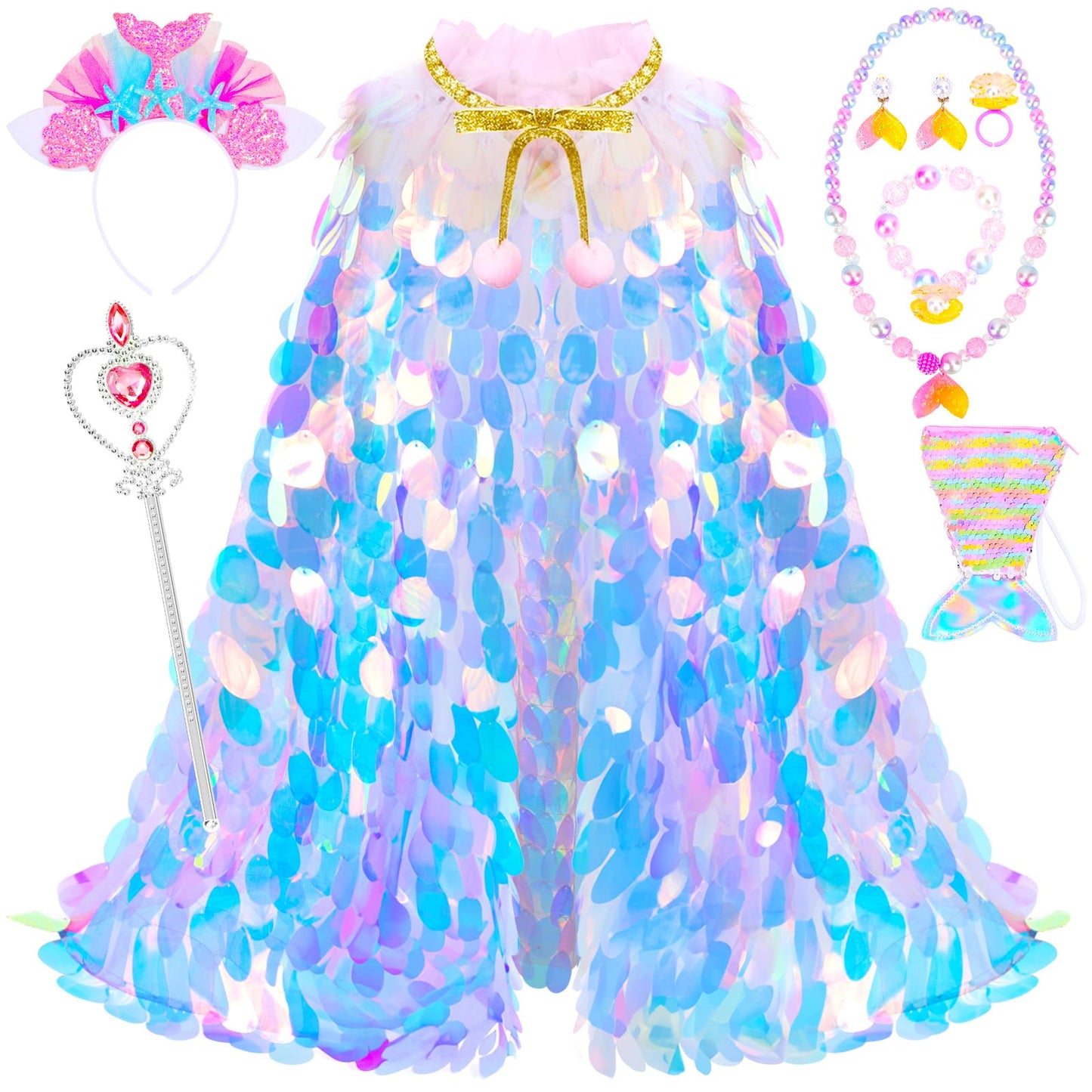 LIMIROLER Rainbow Mermaid Princess Dress Up Kit – 9-Piece Gift Set for Girls 3-8