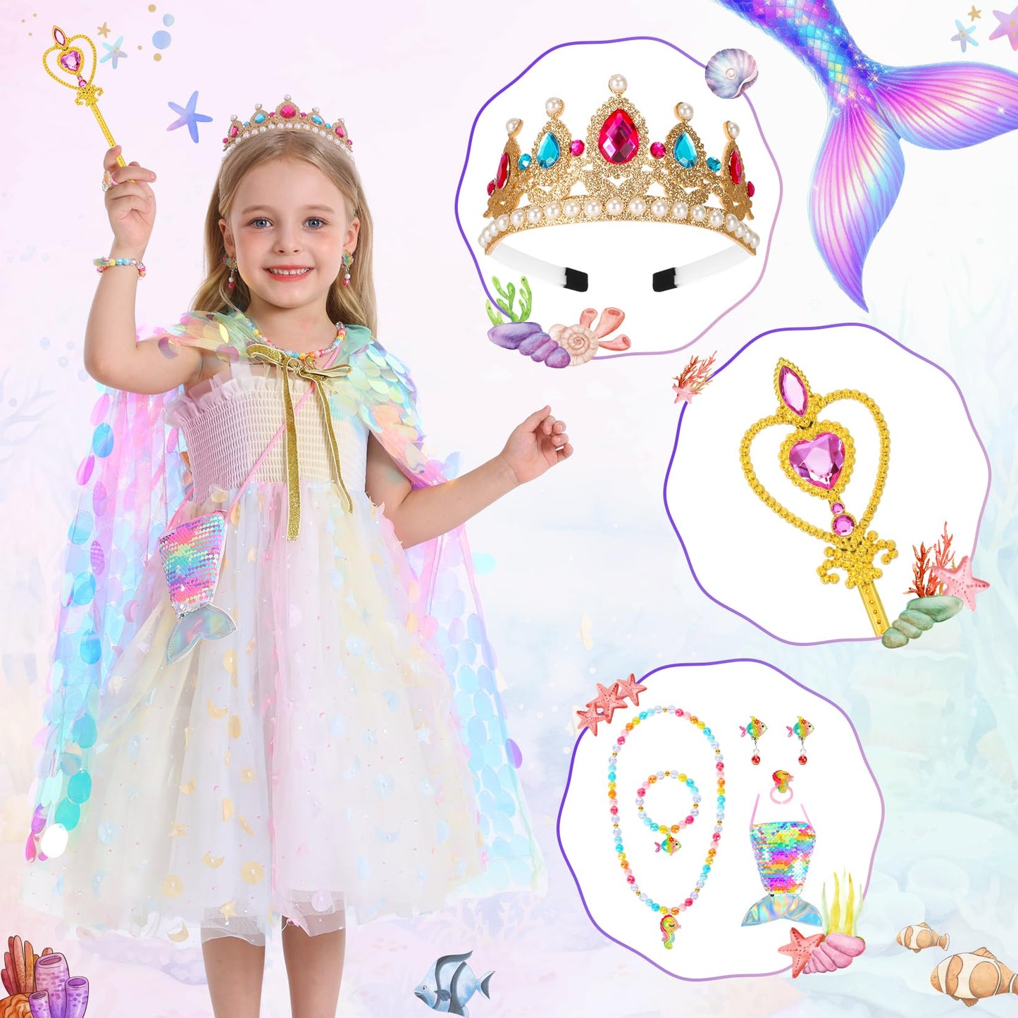 LIMIROLER Princess Dress Up Kit – Rainbow Mermaid Cape 9-Piece Gift Set for Girls 3-8