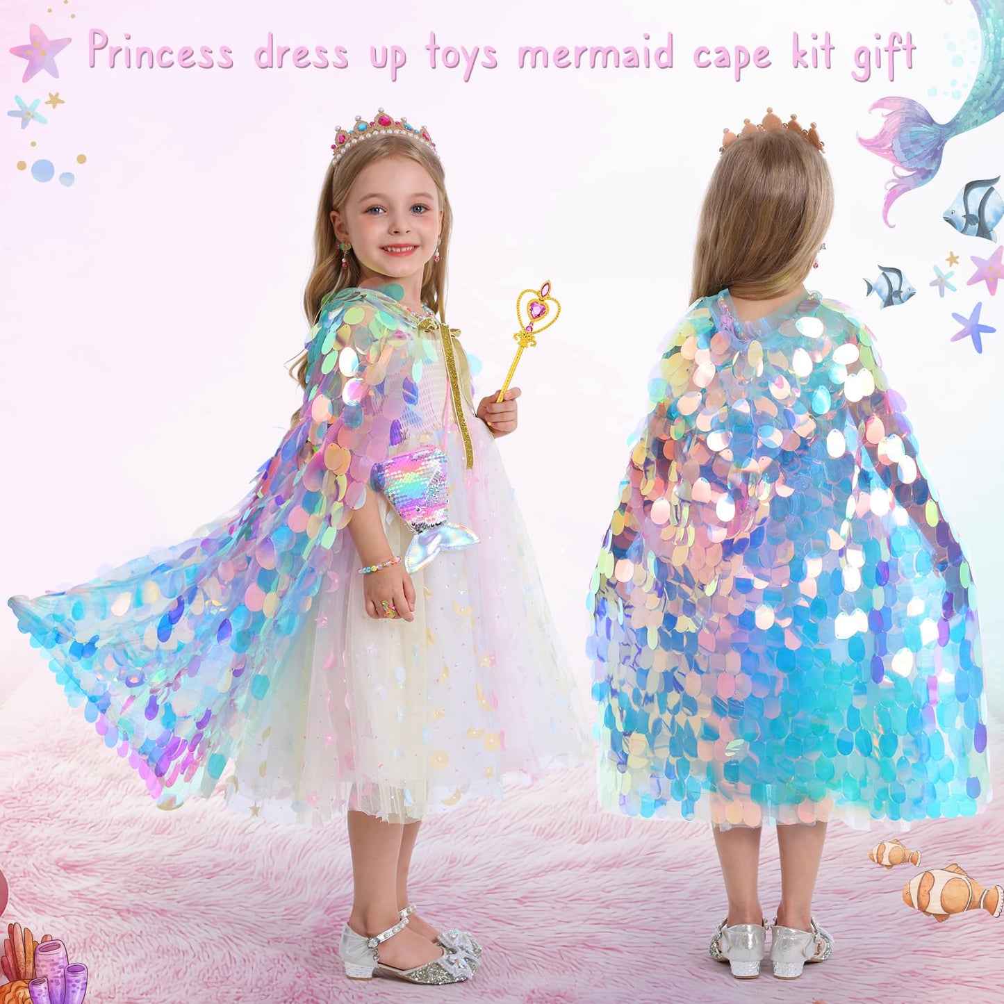 LIMIROLER Princess Dress Up Kit – Rainbow Mermaid Cape 9-Piece Gift Set for Girls 3-8