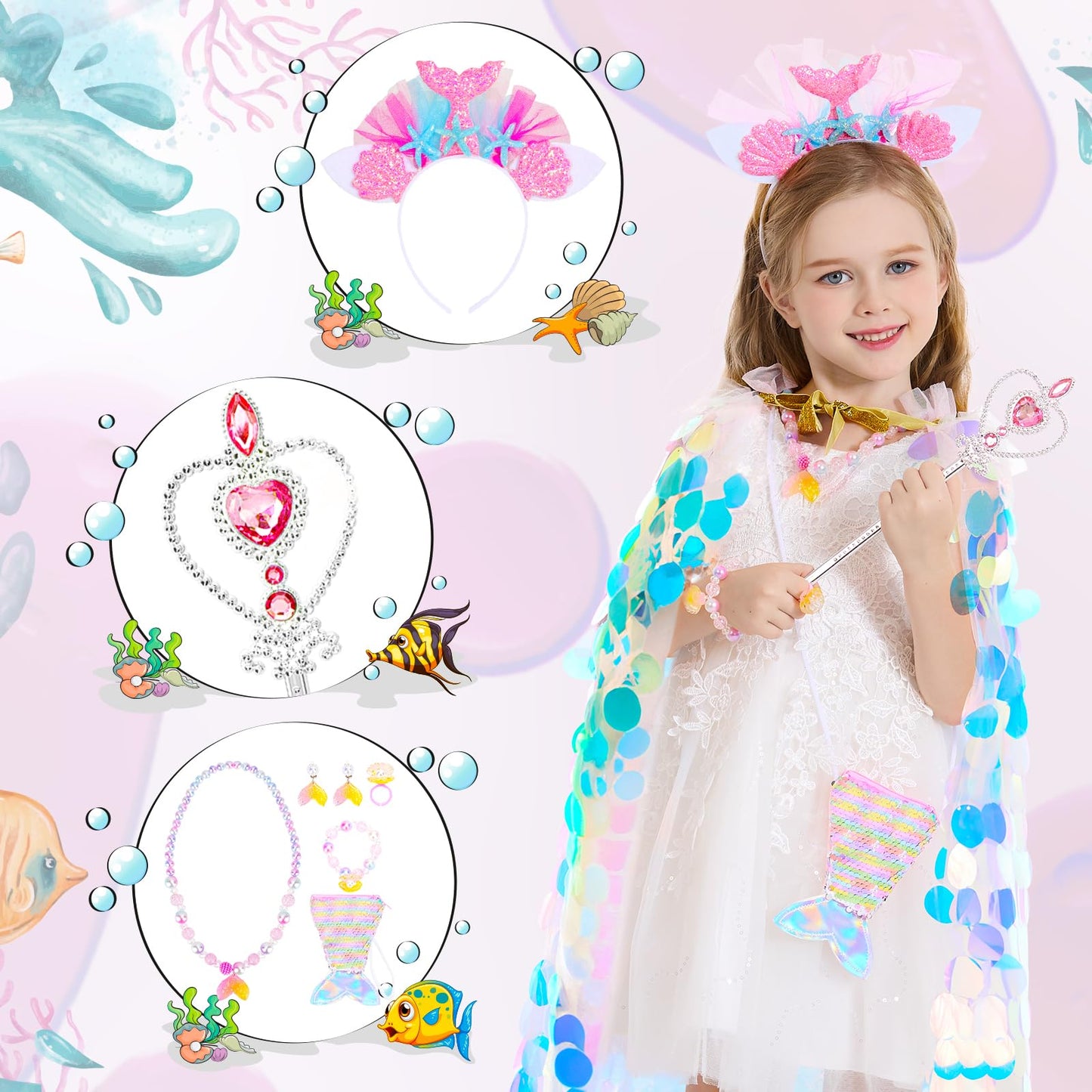 LIMIROLER Rainbow Mermaid Princess Dress Up Kit – 9-Piece Gift Set for Girls 3-8