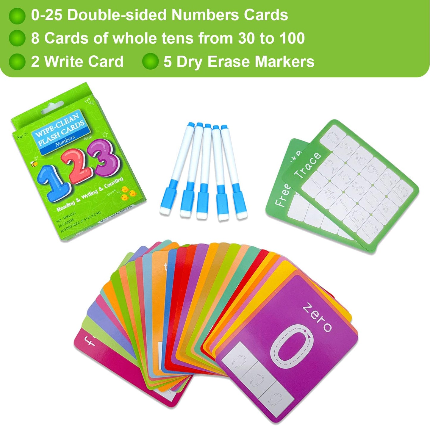Limque Number Flash Cards for Toddlers – 0 to 25 & 30 to 100, 36 Double-Sided Cards + 5 Dry Erase Pens
